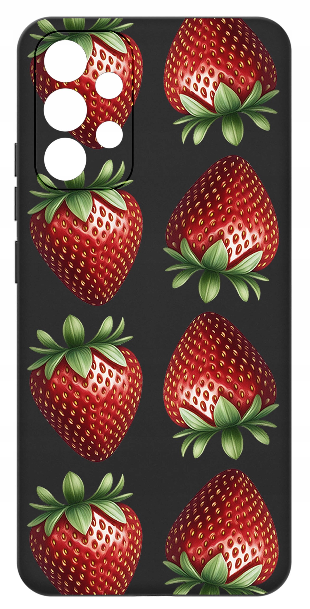 Etui na telefon z wzorem przedstawiającym czerwone truskawki na ciemnym tle. W górnej części znajduje się wycięcie na aparat z kilkoma otworami.