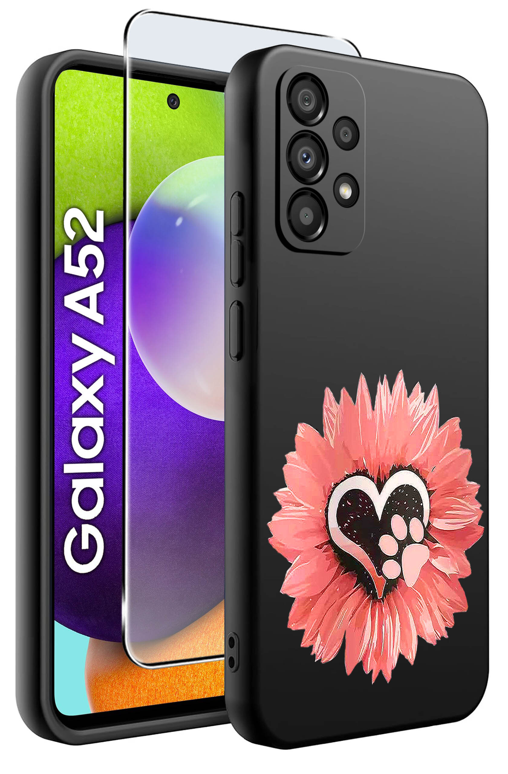 Obraz przedstawia czarne etui na telefon z różowym kwiatem i sercem z odciskiem łapy. Obok widoczny jest telefon z napisem \'Galaxy A52\' oraz szkło ochronne.