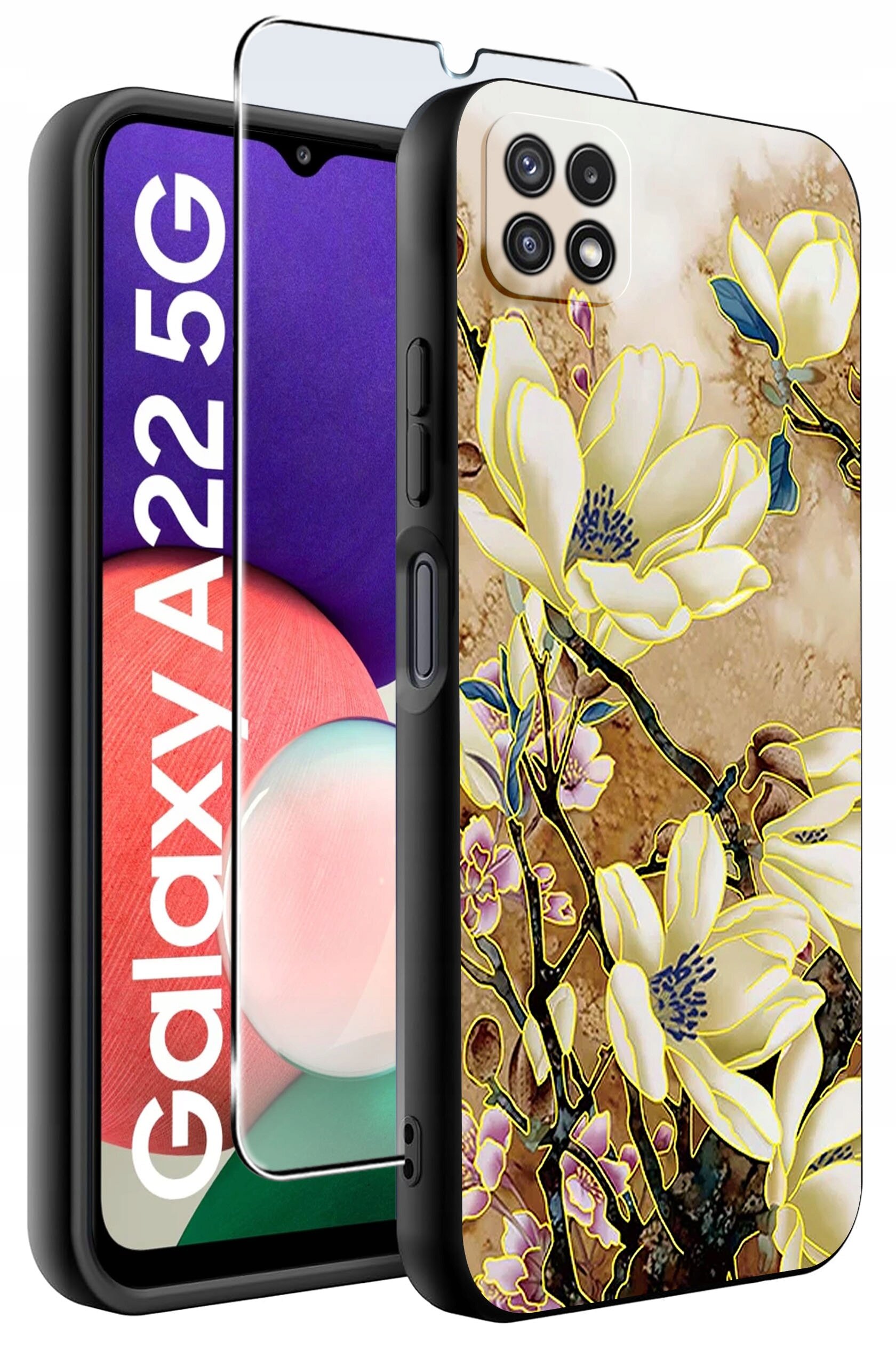 Obraz przedstawia etui na telefon z kwiatowym wzorem oraz szkło ochronne. Na ekranie telefonu widoczny jest napis \'Galaxy A22 5G\'.