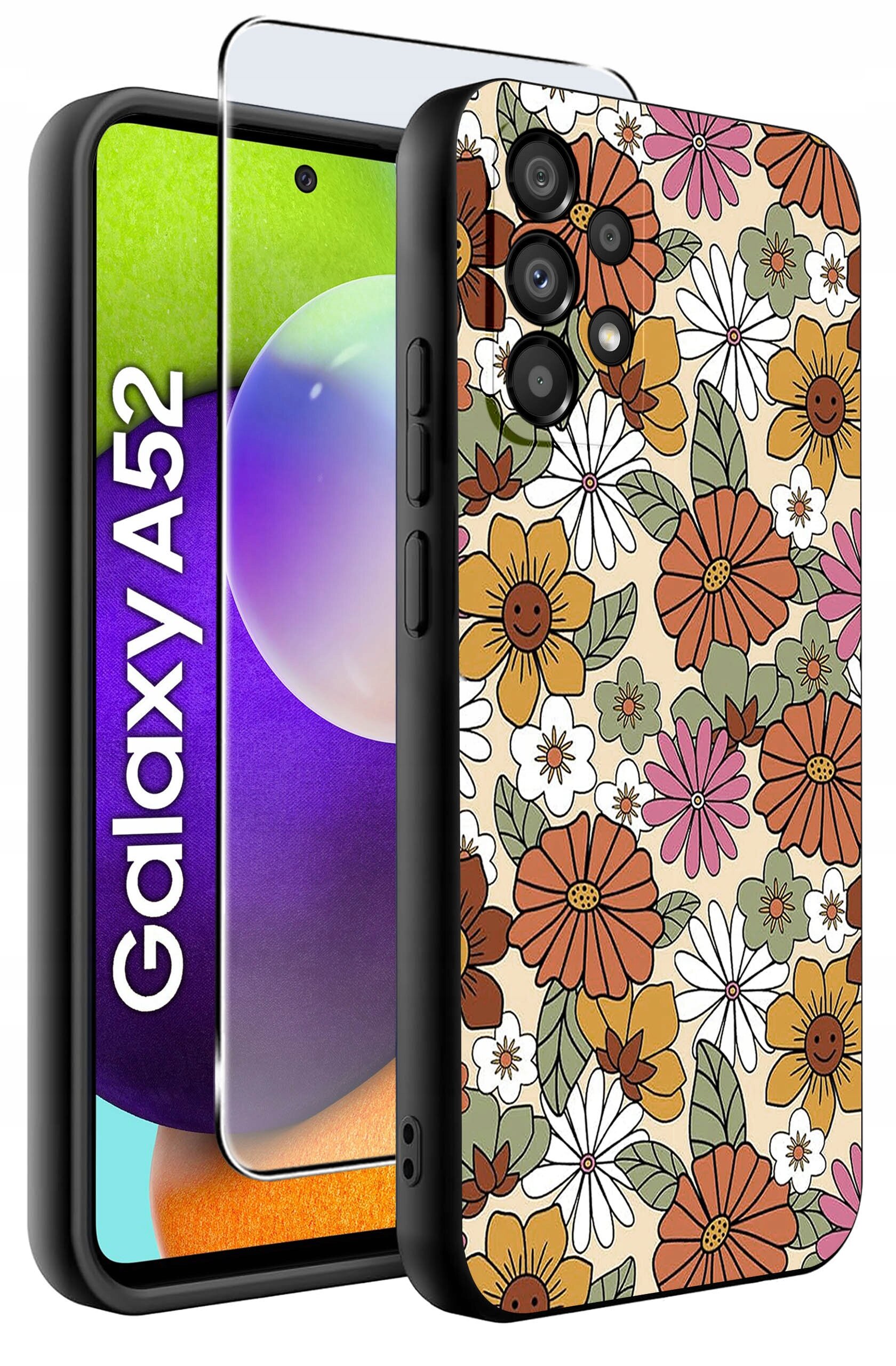 Etui na telefon z kolorowym wzorem kwiatów, obok którego znajduje się szkło ochronne. Na ekranie telefonu widoczny jest napis \'Galaxy A52\'.