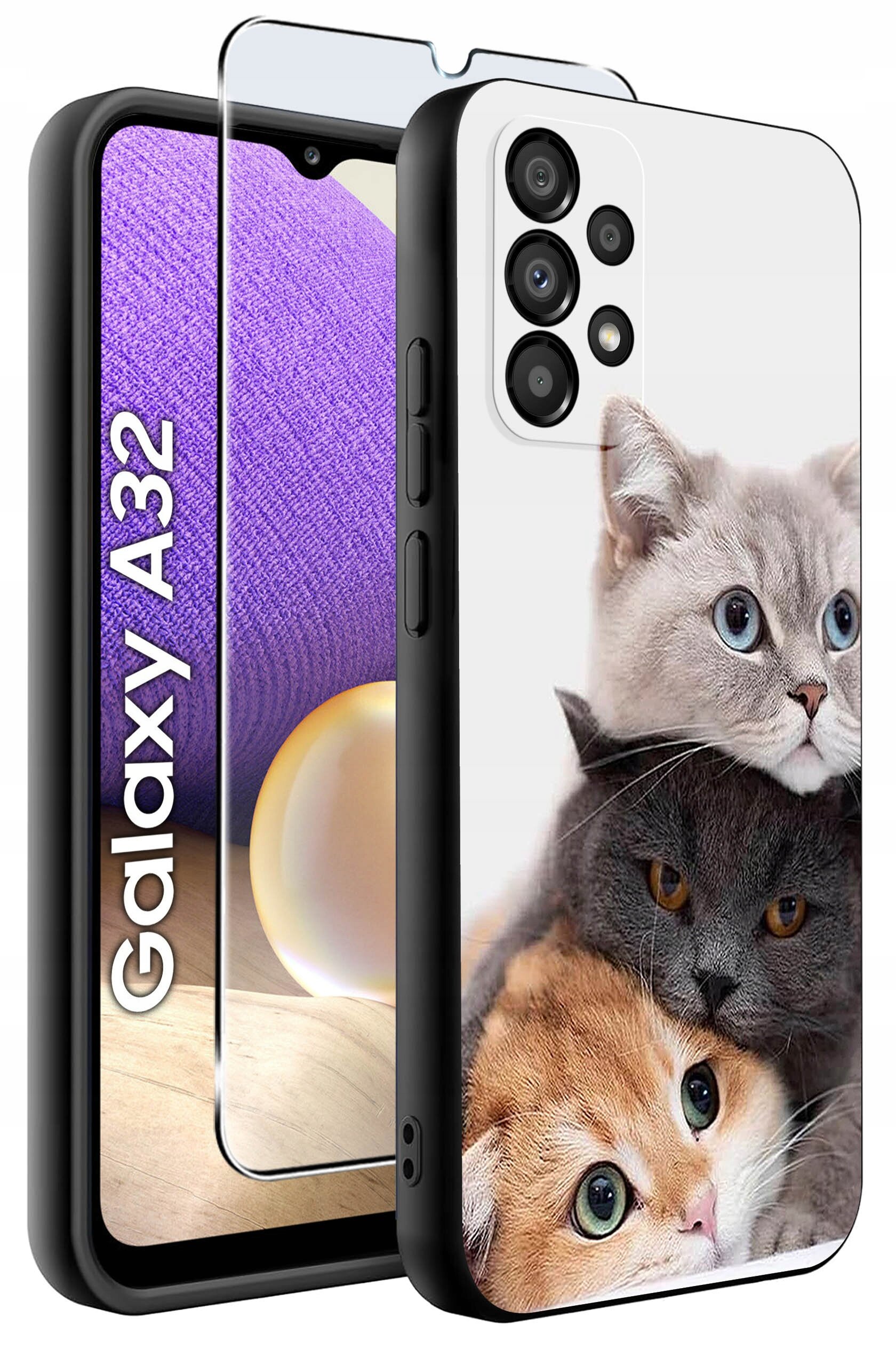 Etui na telefon z nadrukiem trzech kotów, w zestawie z ochronnym szkłem hartowanym. Na ekranie telefonu widoczny napis \'Galaxy A32\'.
