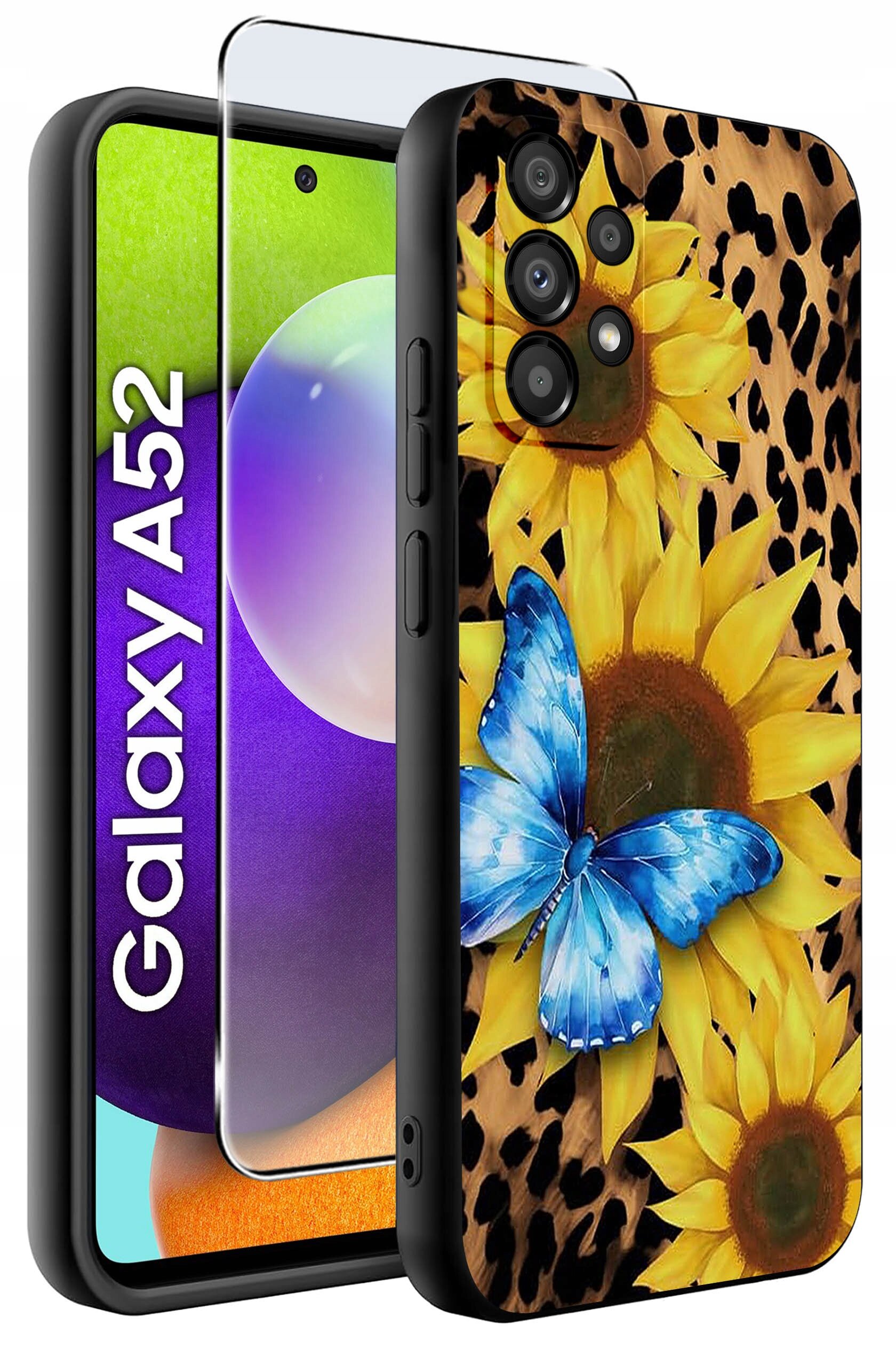 Etui na telefon z motywem słoneczników i niebieskiego motyla na tle w cętki. Obok widoczny jest napis \'Galaxy A52\' oraz szkło ochronne na ekran.