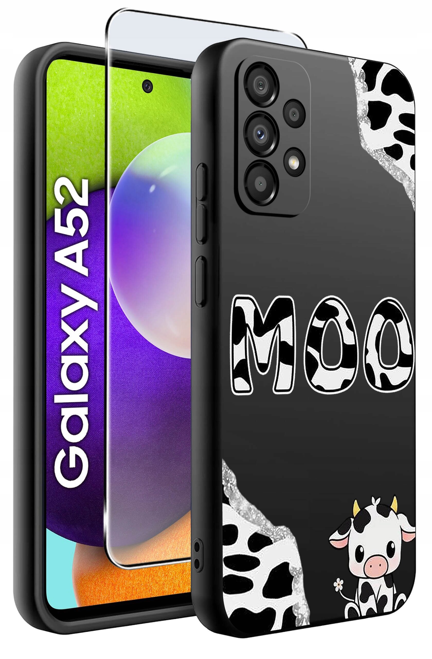 Obraz przedstawia etui na telefon z napisem \'MOO\' i wzorem przypominającym krowie łaty. W tle widoczny jest telefon z napisem \'Galaxy A52\'.