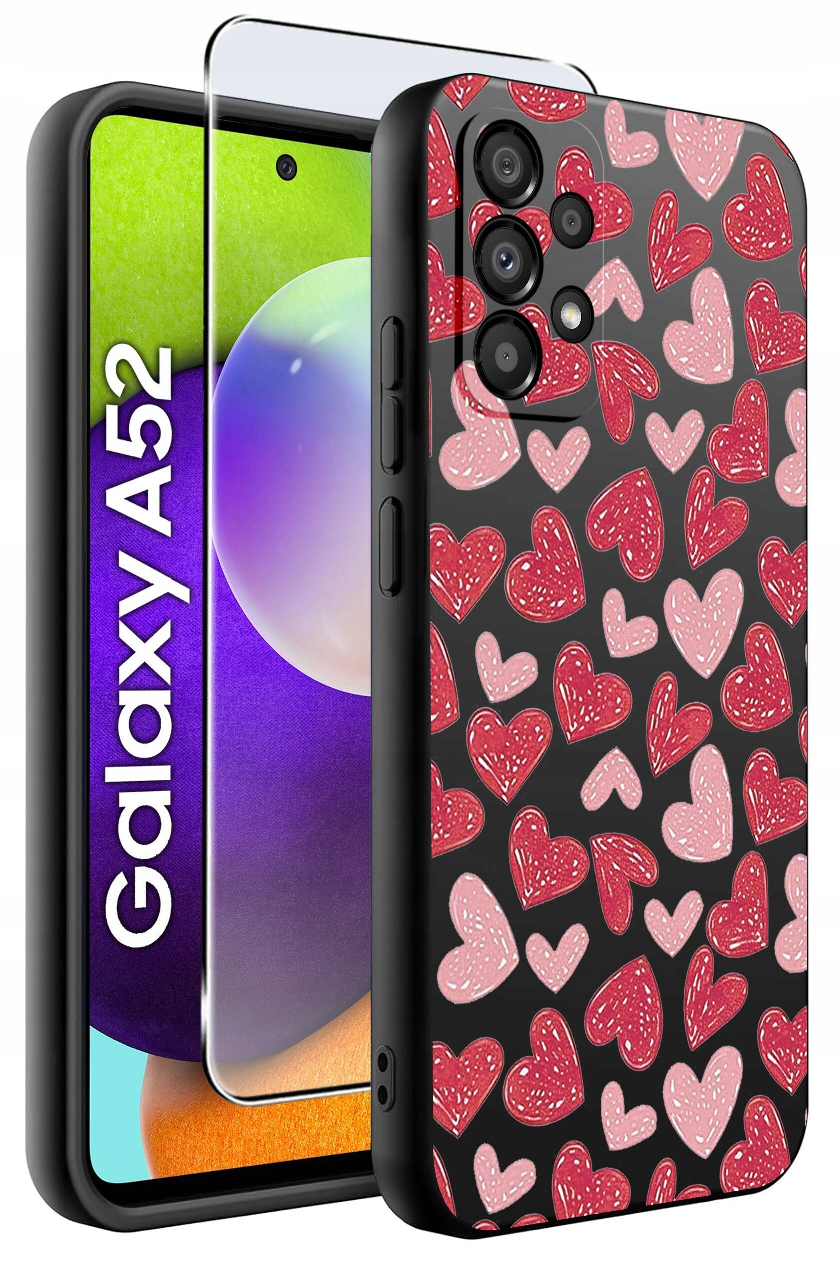 Obraz przedstawia etui na telefon z wzorem czerwonych i różowych serc na czarnym tle oraz szkło ochronne. Obok widoczny jest telefon z napisem \'Galaxy A52\'.