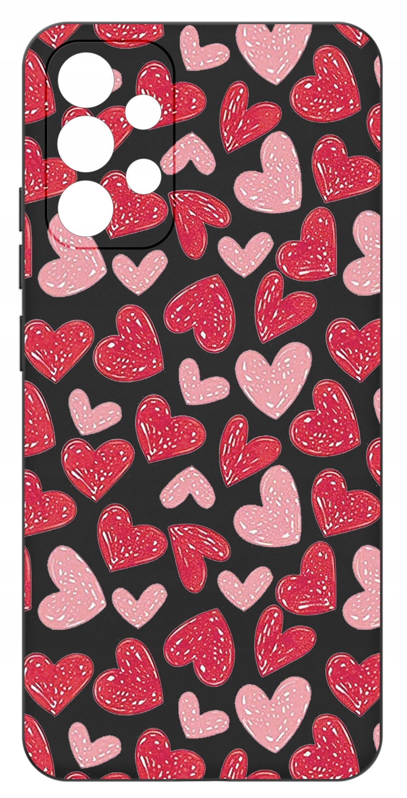 Etui na telefon z wzorem czerwonych i różowych serc na czarnym tle, z wycięciami na aparat.