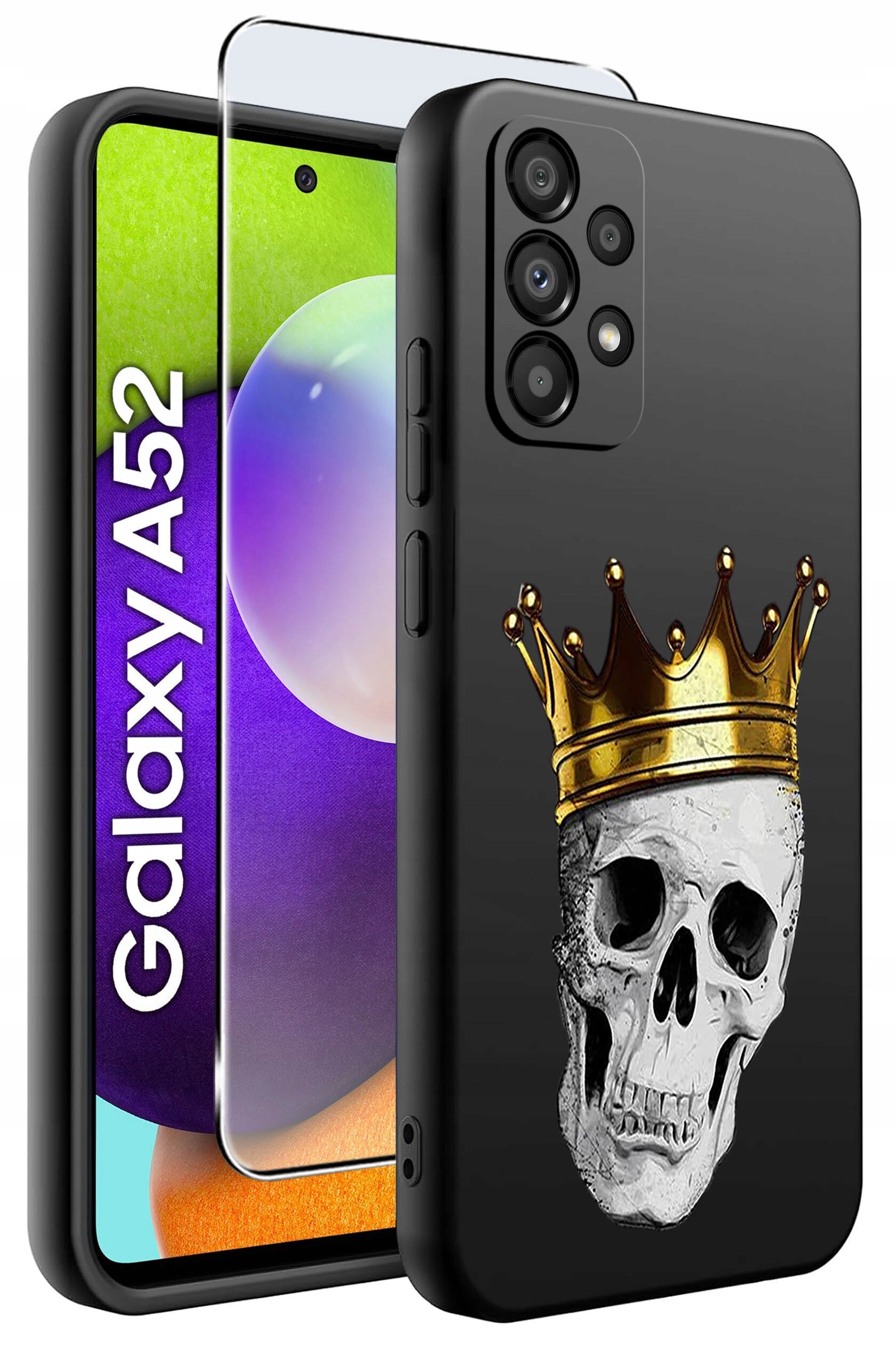 Etui na telefon z nadrukiem czaszki w złotej koronie, obok widoczny telefon z napisem \'Galaxy A52\'.