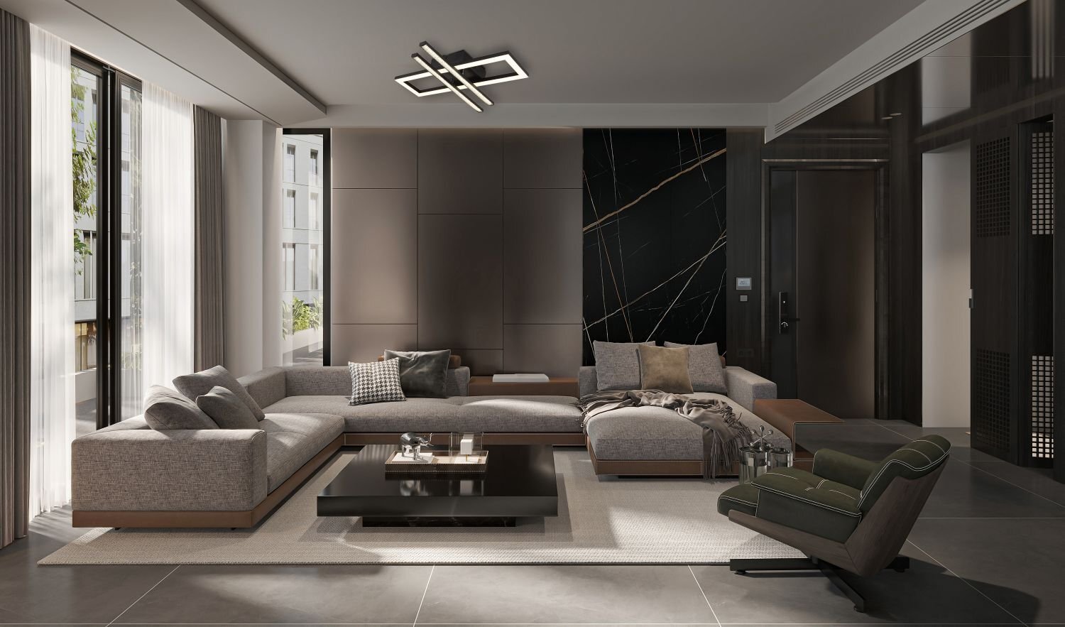 Nowoczesny salon z dużą, narożną sofą i stolikiem kawowym na dywanie. Na suficie zamontowana jest geometryczna lampa sufitowa LED.