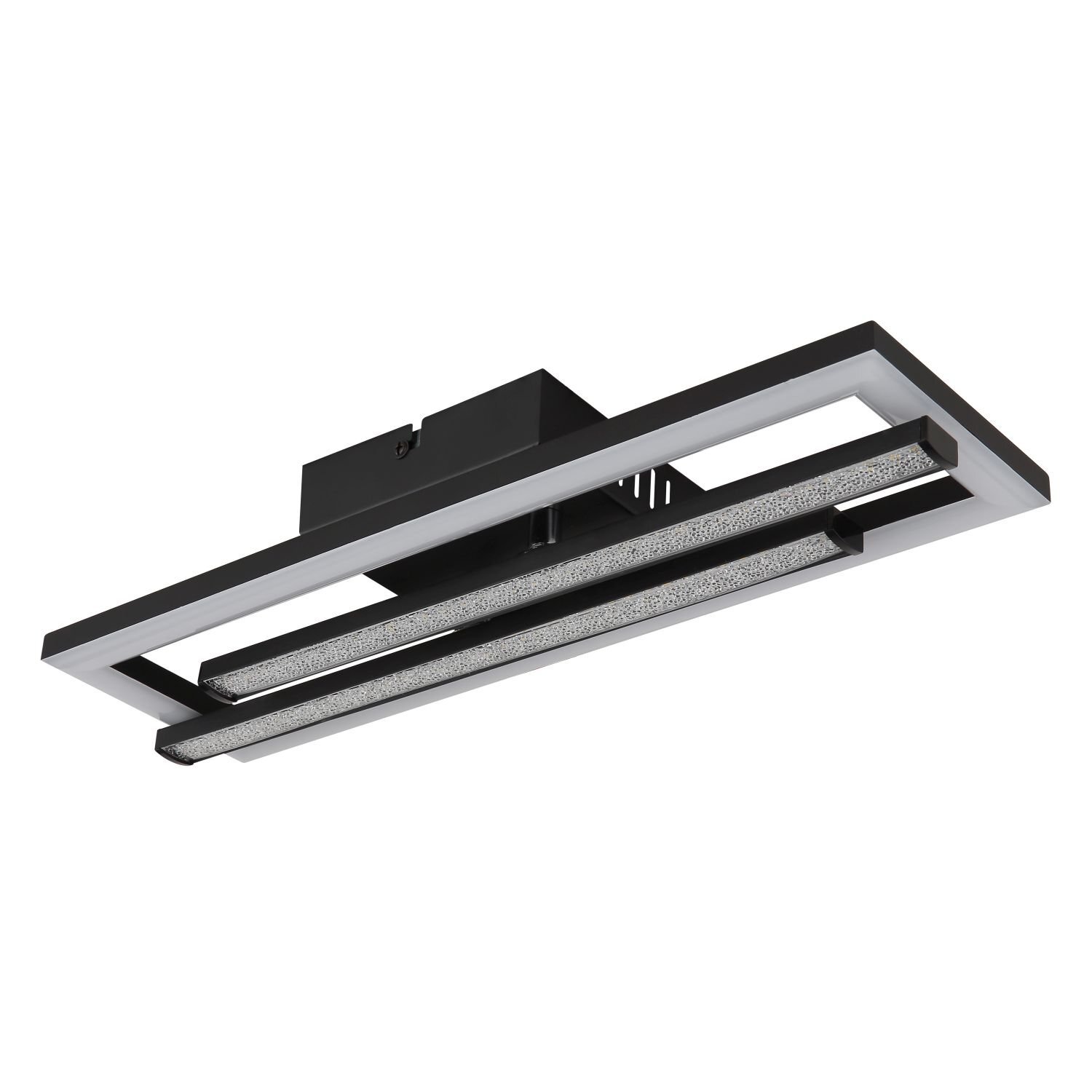 Nowoczesna lampa sufitowa LED o prostokątnym kształcie, z czarną ramą i dwoma poziomymi listwami świetlnymi. Powierzchnia listw jest ozdobiona drobnymi wzorami, co nadaje jej elegancki wygląd.