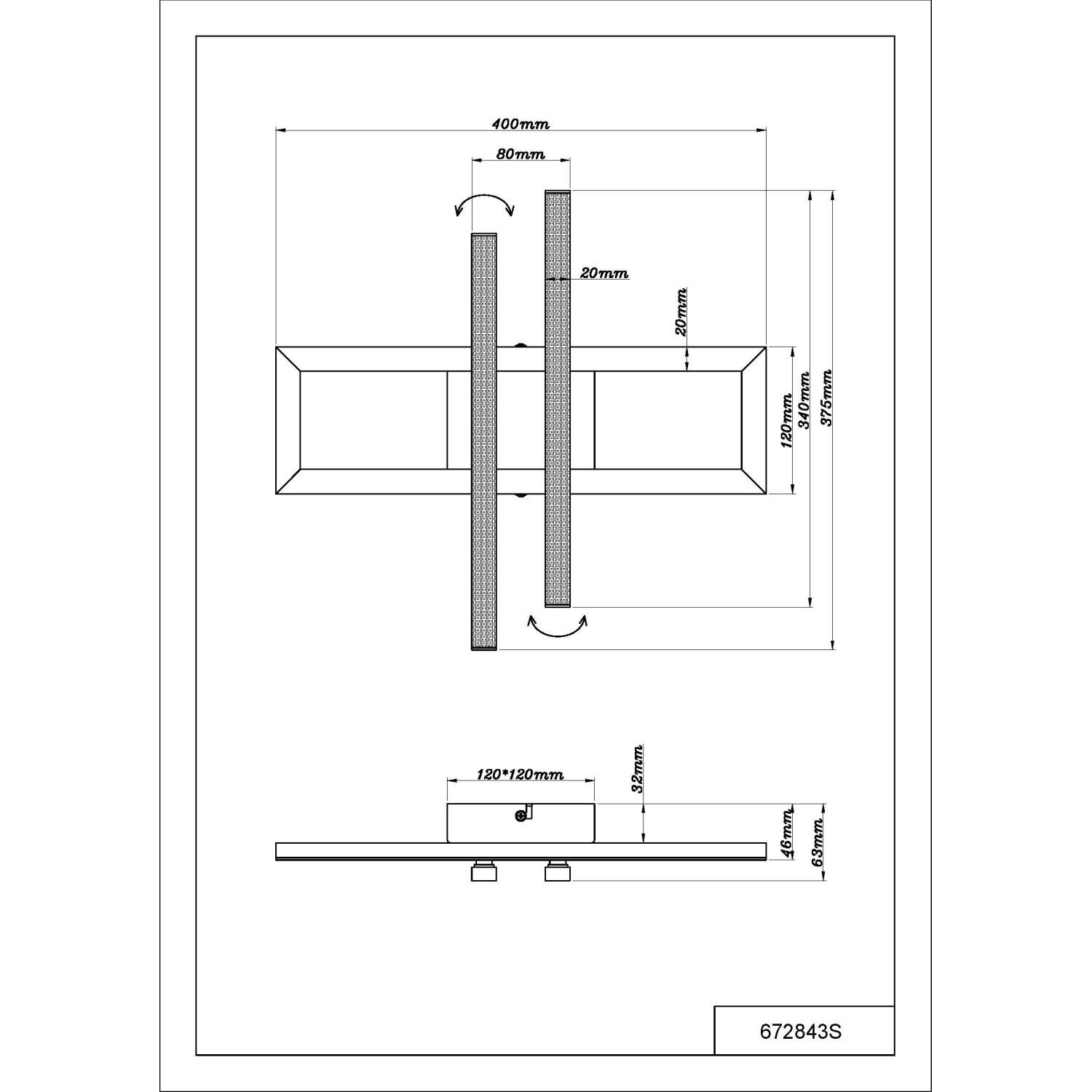 Schemat techniczny lampy sufitowej LED z wymiarami: 400mm długości, 80mm szerokości, 20mm grubości oraz 120x120mm podstawy. Widoczne są również oznaczenia wysokości 32mm i 63mm oraz kod produktu 672843G.