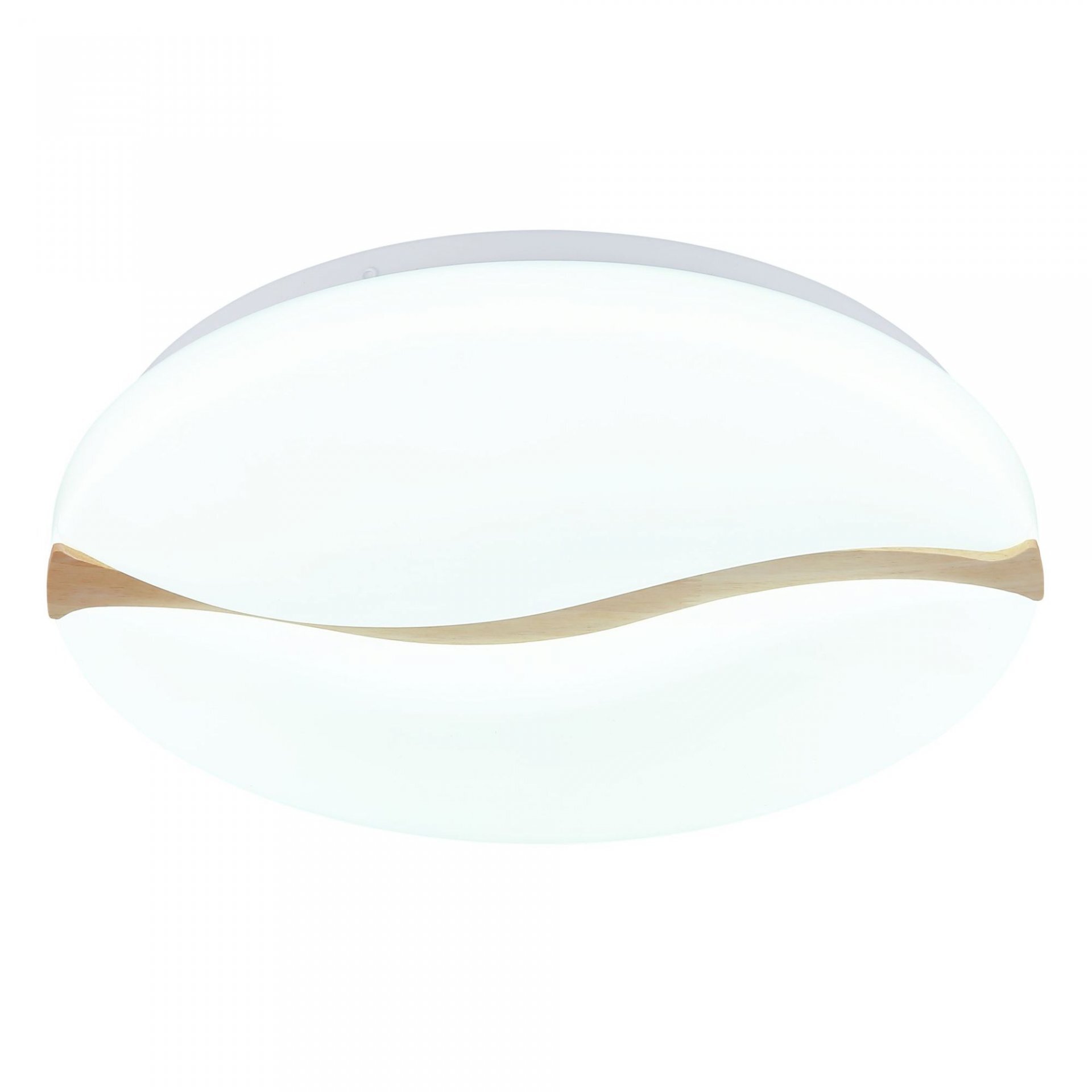 Okrągły plafon LED z białym kloszem i dekoracyjnym, drewnianym elementem wzdłuż powierzchni. Lampa ma nowoczesny design i jest przeznaczona do montażu sufitowego wewnątrz pomieszczeń.