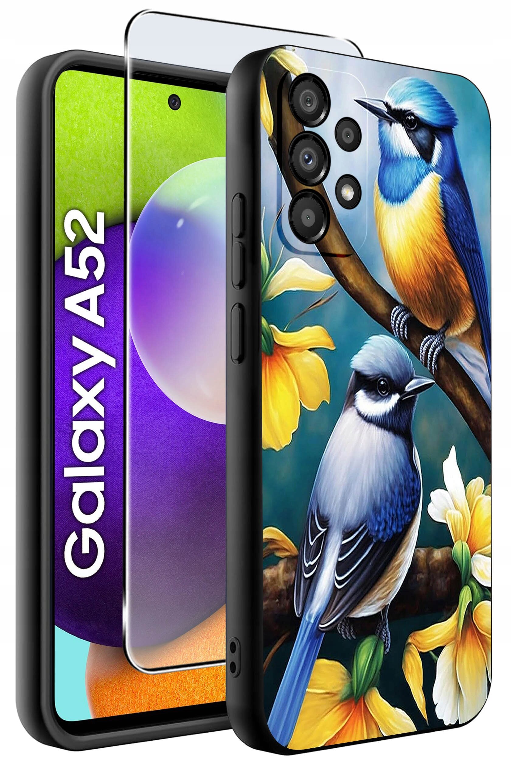 Etui na telefon z kolorowym wzorem przedstawiającym dwa ptaki siedzące na gałęzi z żółtymi kwiatami. Obok etui widoczny jest telefon z napisem \'Galaxy A52\'.
