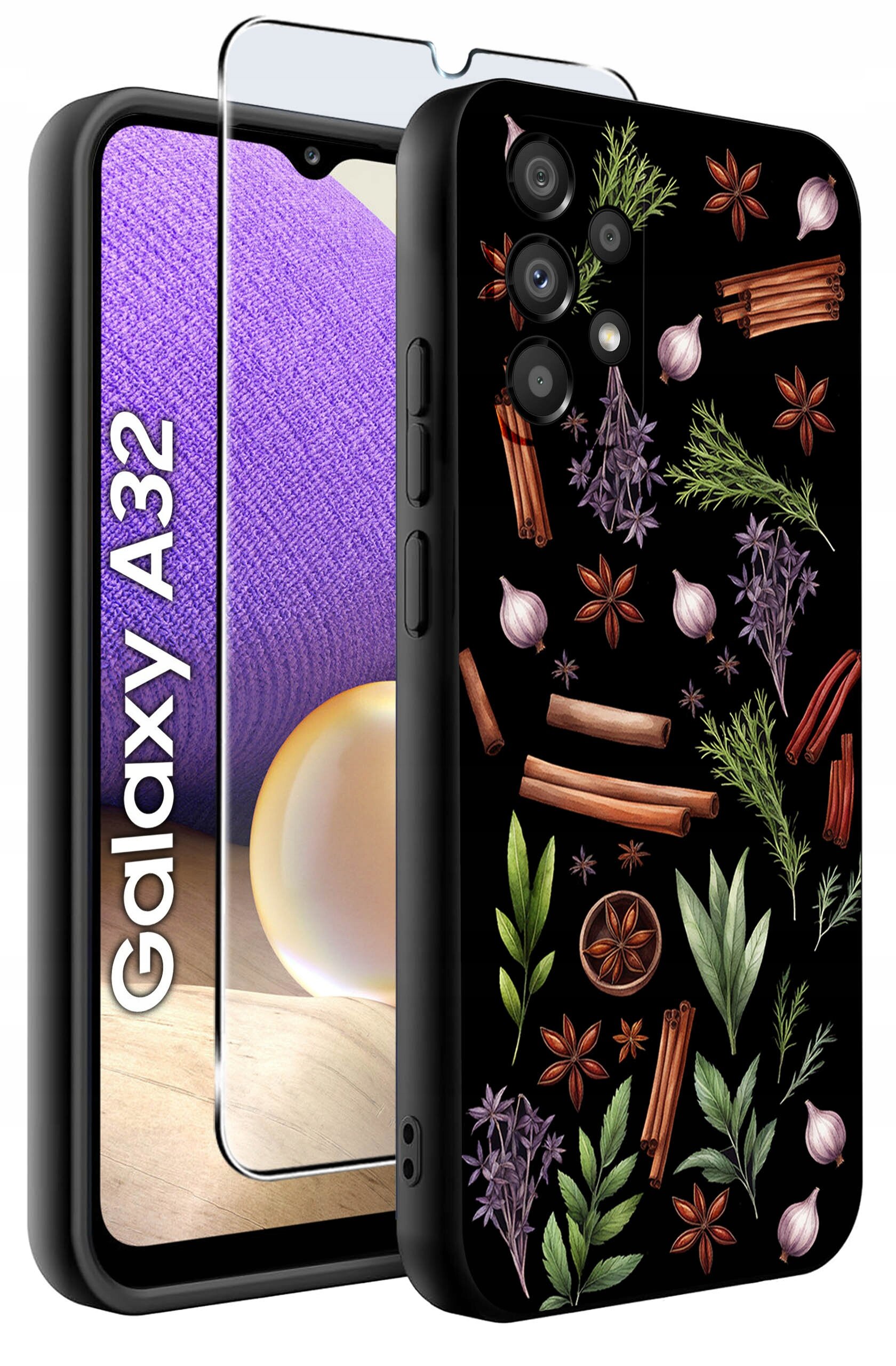 Obraz przedstawia etui na telefon z wzorem ziół i przypraw na czarnym tle oraz szkło ochronne. Na ekranie telefonu widoczny jest napis \'Galaxy A32\'.