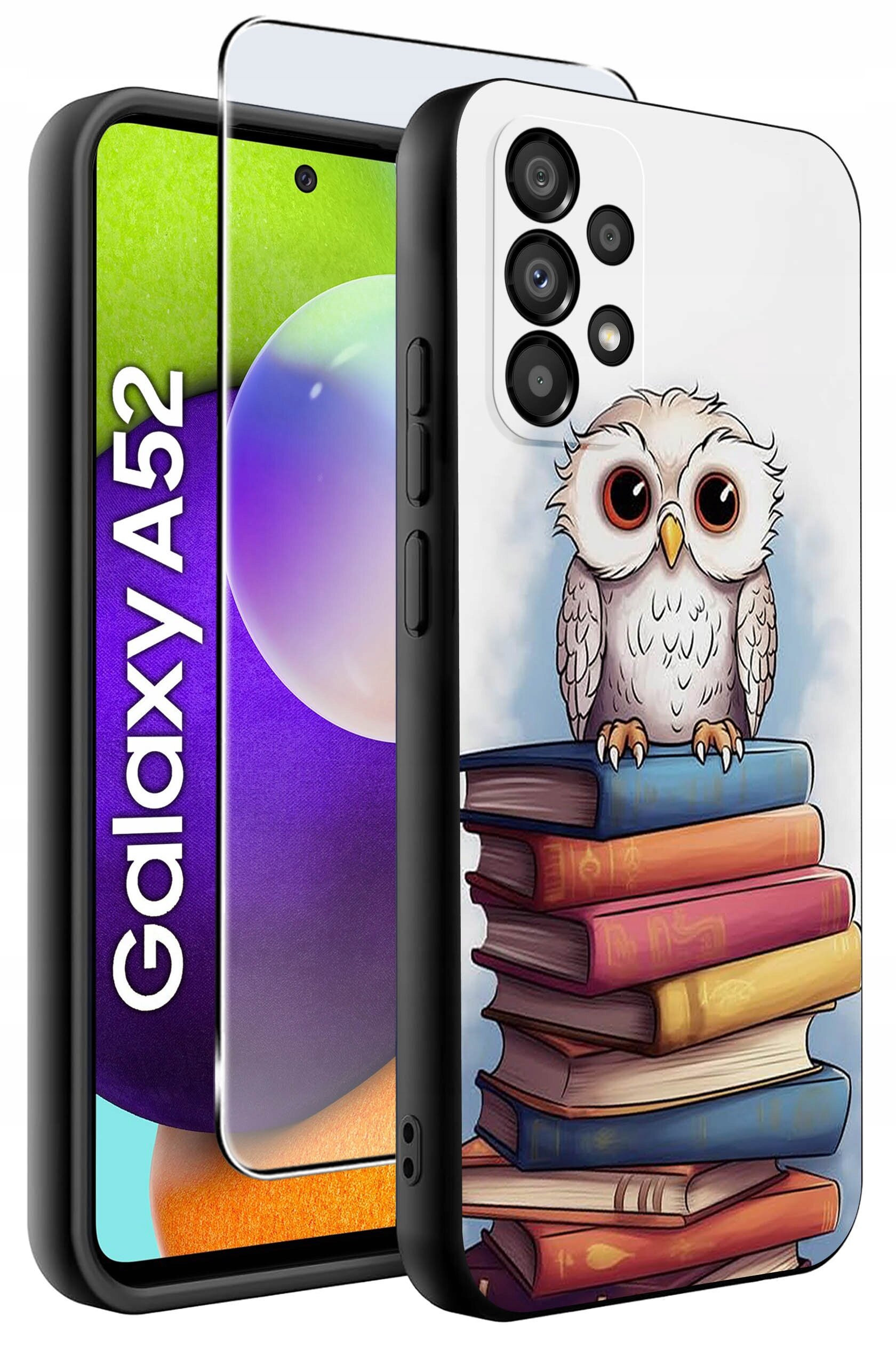 Etui na telefon z grafiką przedstawiającą sowę siedzącą na stosie książek. Obok widoczny jest telefon z napisem \'Galaxy A52\'.
