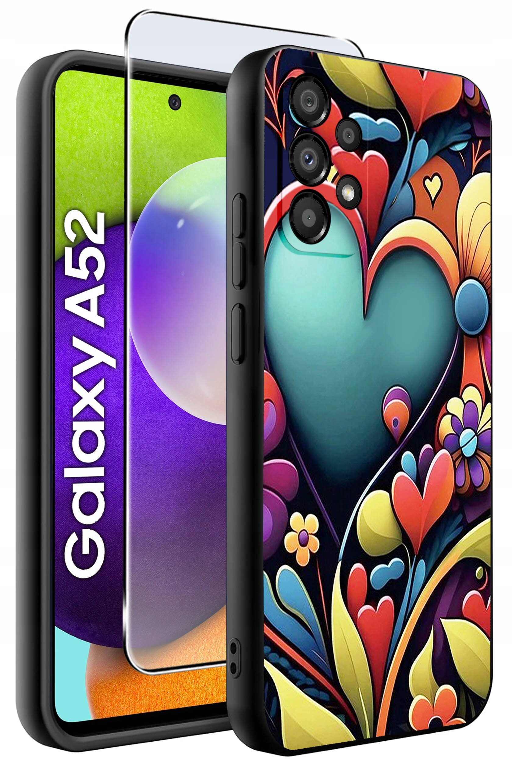 Obraz przedstawia etui na telefon z kolorowym wzorem serc i kwiatów oraz szkło ochronne na ekran. Na ekranie telefonu widoczny jest napis \'Galaxy A52\'.