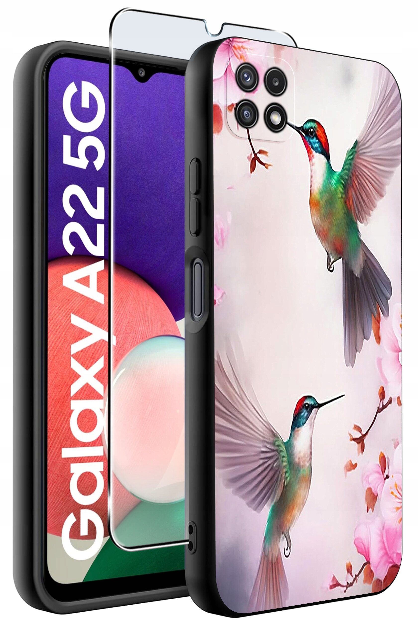 Etui na telefon z kolorowym wzorem kolibrów i kwiatów, obok którego znajduje się szkło ochronne. Na ekranie telefonu widoczny jest napis \'Galaxy A22 5G\'.