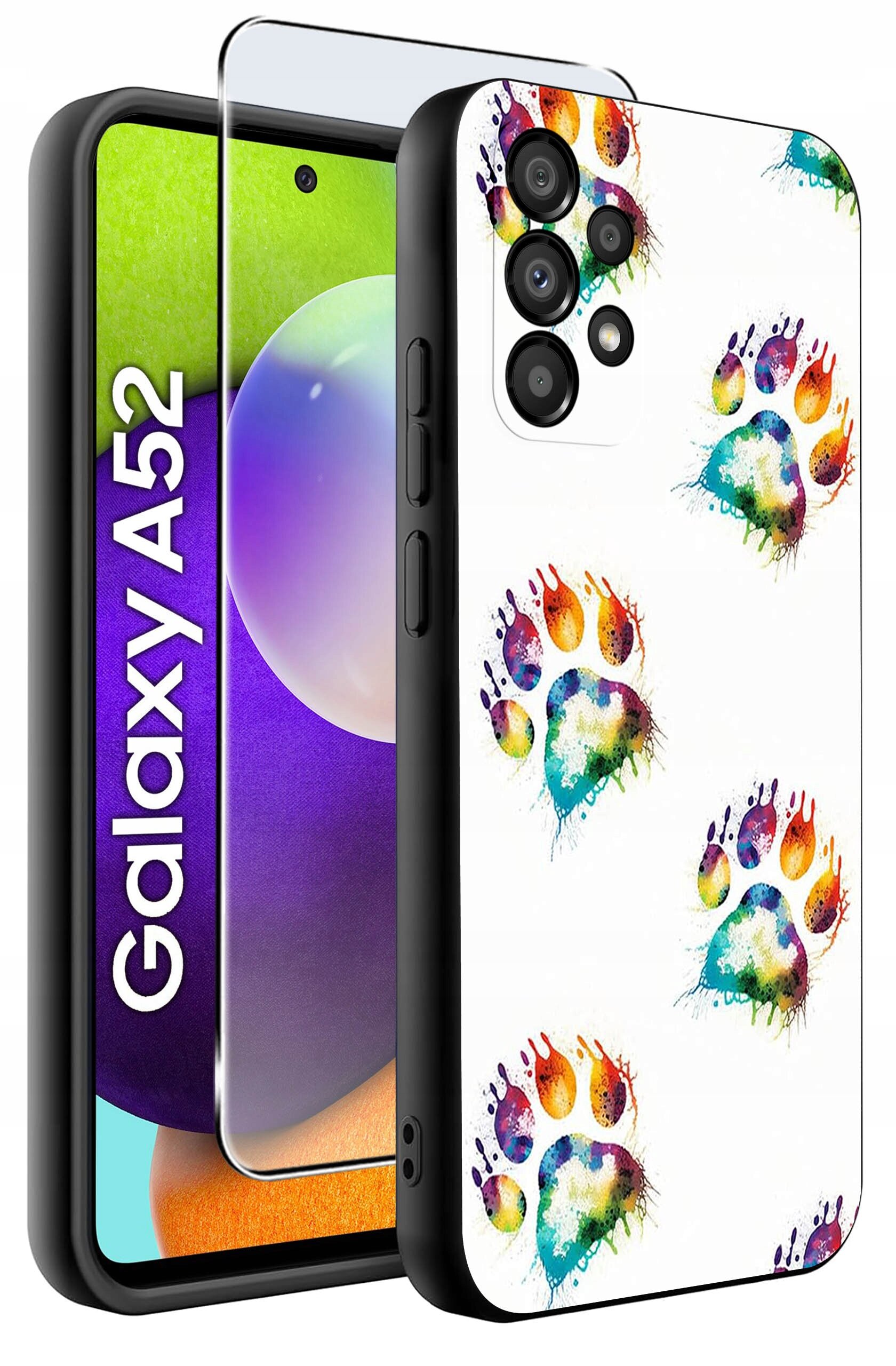 Etui na telefon z kolorowymi wzorami łap, obok widoczny napis \'Galaxy A52\'.