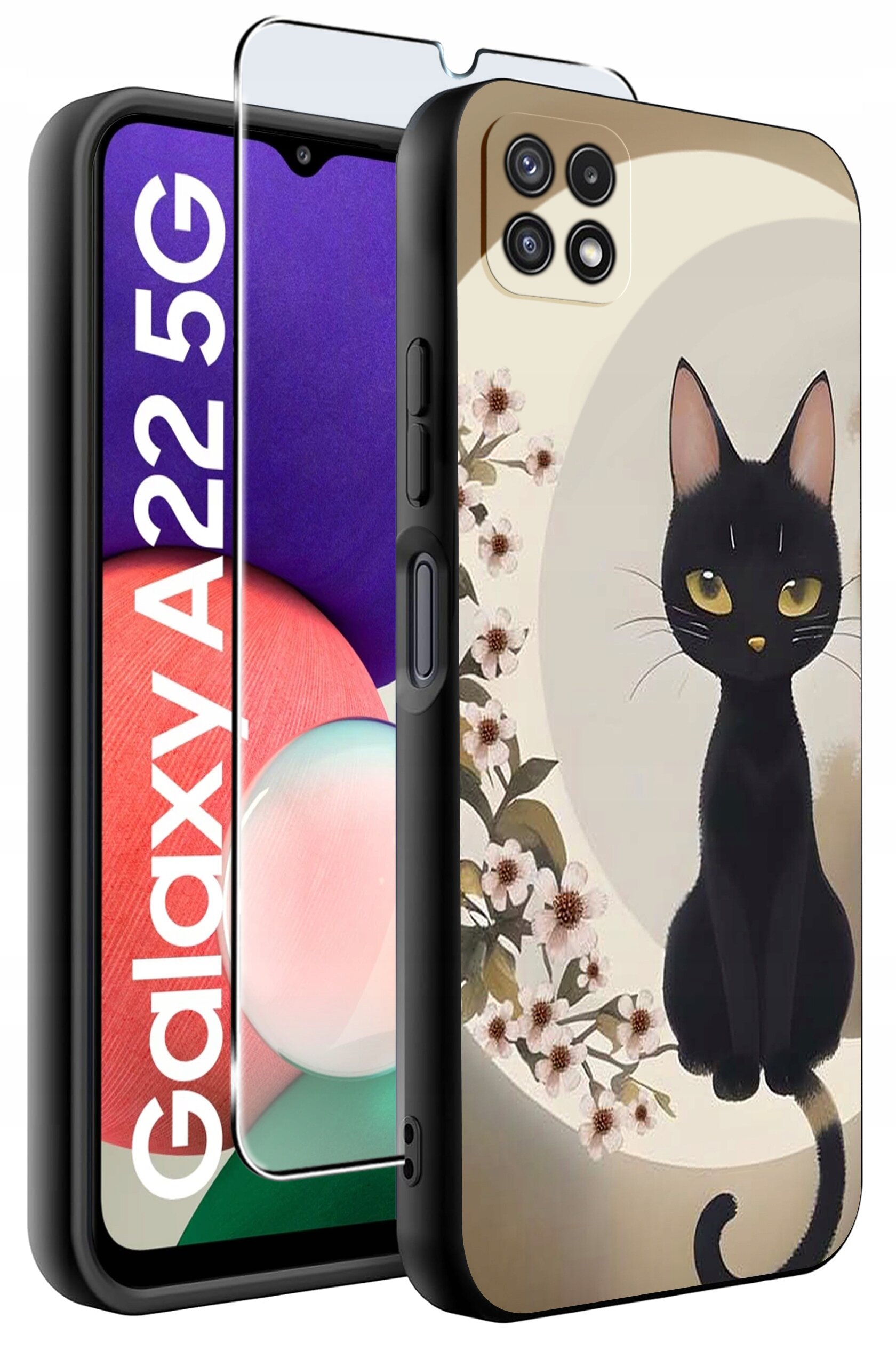 Obraz przedstawia etui na telefon z nadrukiem czarnego kota i kwiatów oraz szkło ochronne. Na ekranie telefonu widoczny jest napis \'Galaxy A22 5G\'.