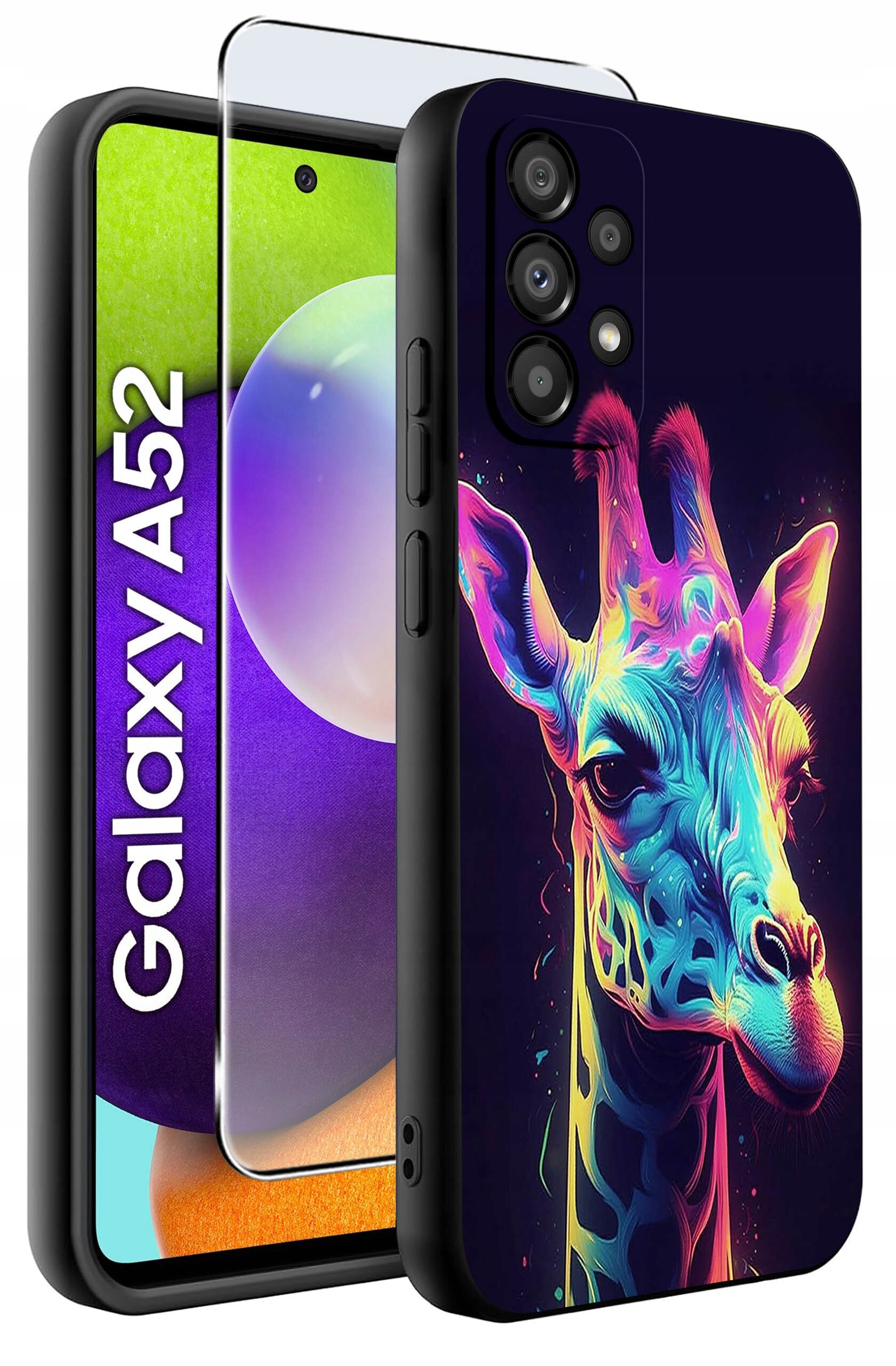 Etui na telefon z kolorowym wzorem żyrafy, obok którego znajduje się napis \'Galaxy A52\'.