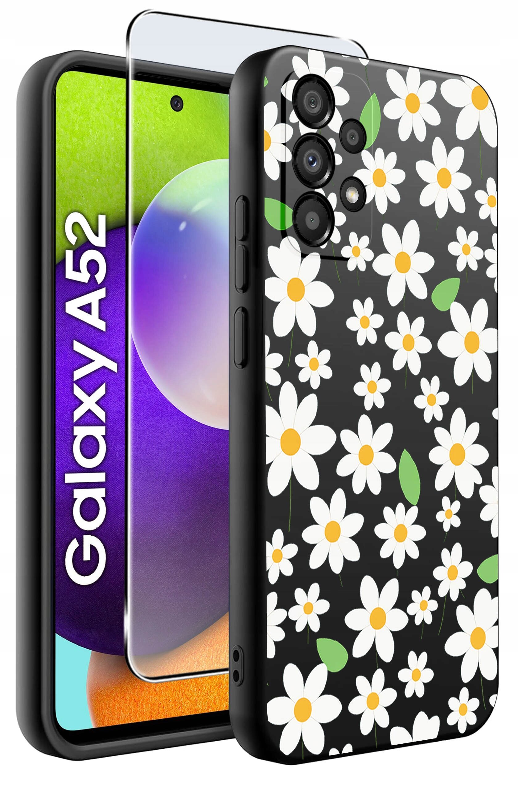 Obraz przedstawia etui na telefon z motywem białych kwiatów na czarnym tle oraz szkło ochronne. Na ekranie telefonu widoczny jest napis \'Galaxy A52\'.