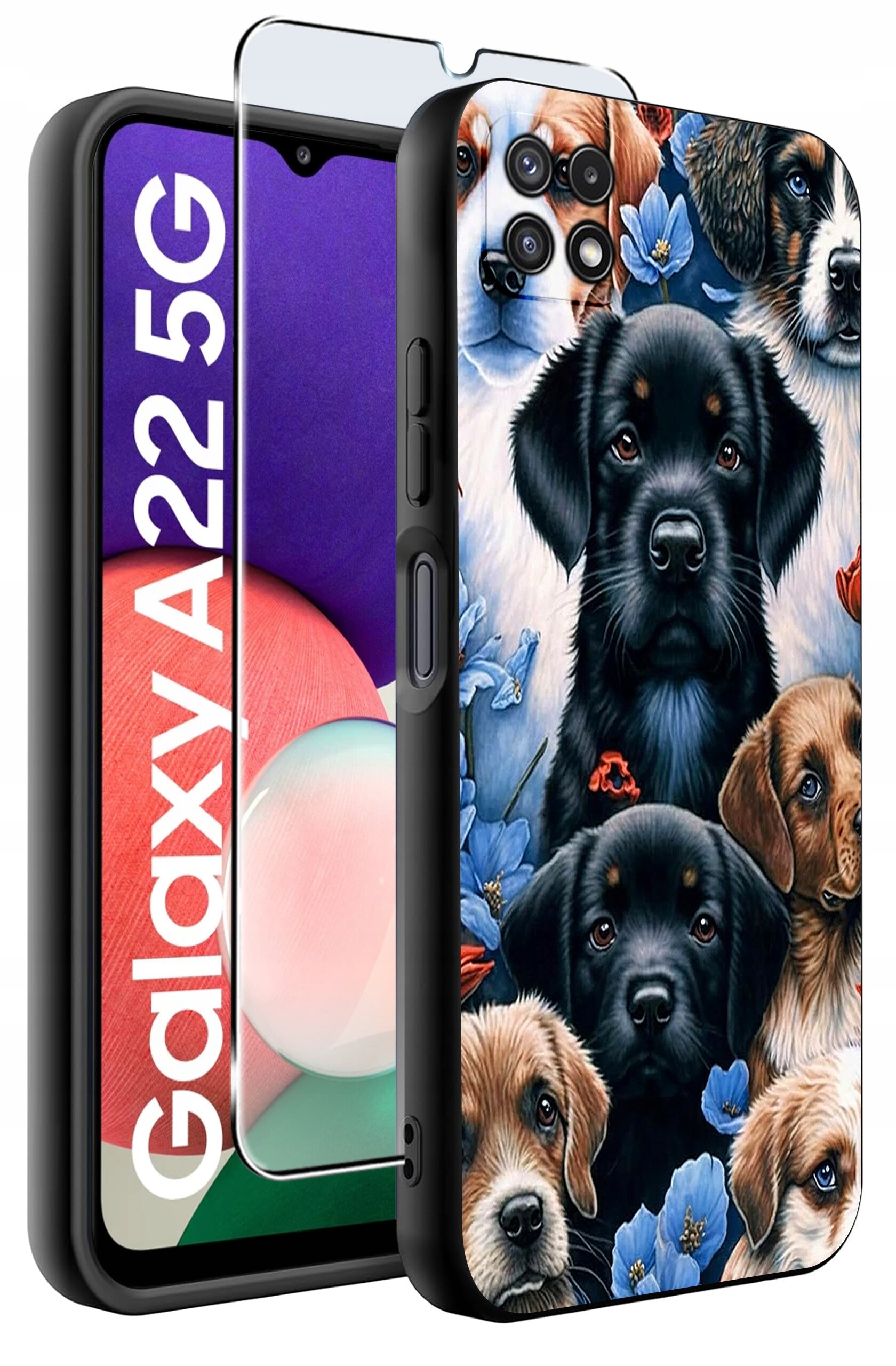 Etui na telefon z wzorem przedstawiającym psy i niebieskie kwiaty, obok znajduje się szkło ochronne. Na ekranie telefonu widoczny jest napis \'Galaxy A22 5G\'.