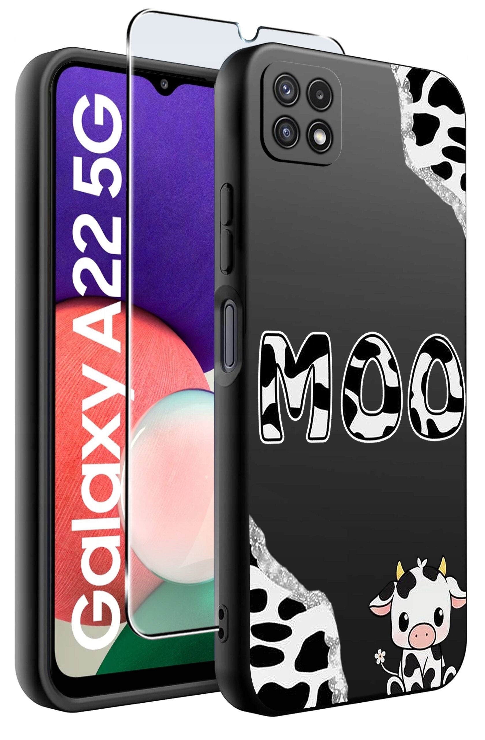 Obraz przedstawia etui na telefon z napisem \'MOO\' i wzorem przypominającym krowie łaty. Obok etui znajduje się szkło ochronne, a na ekranie telefonu widoczny jest napis \'Galaxy A22 5G\'.