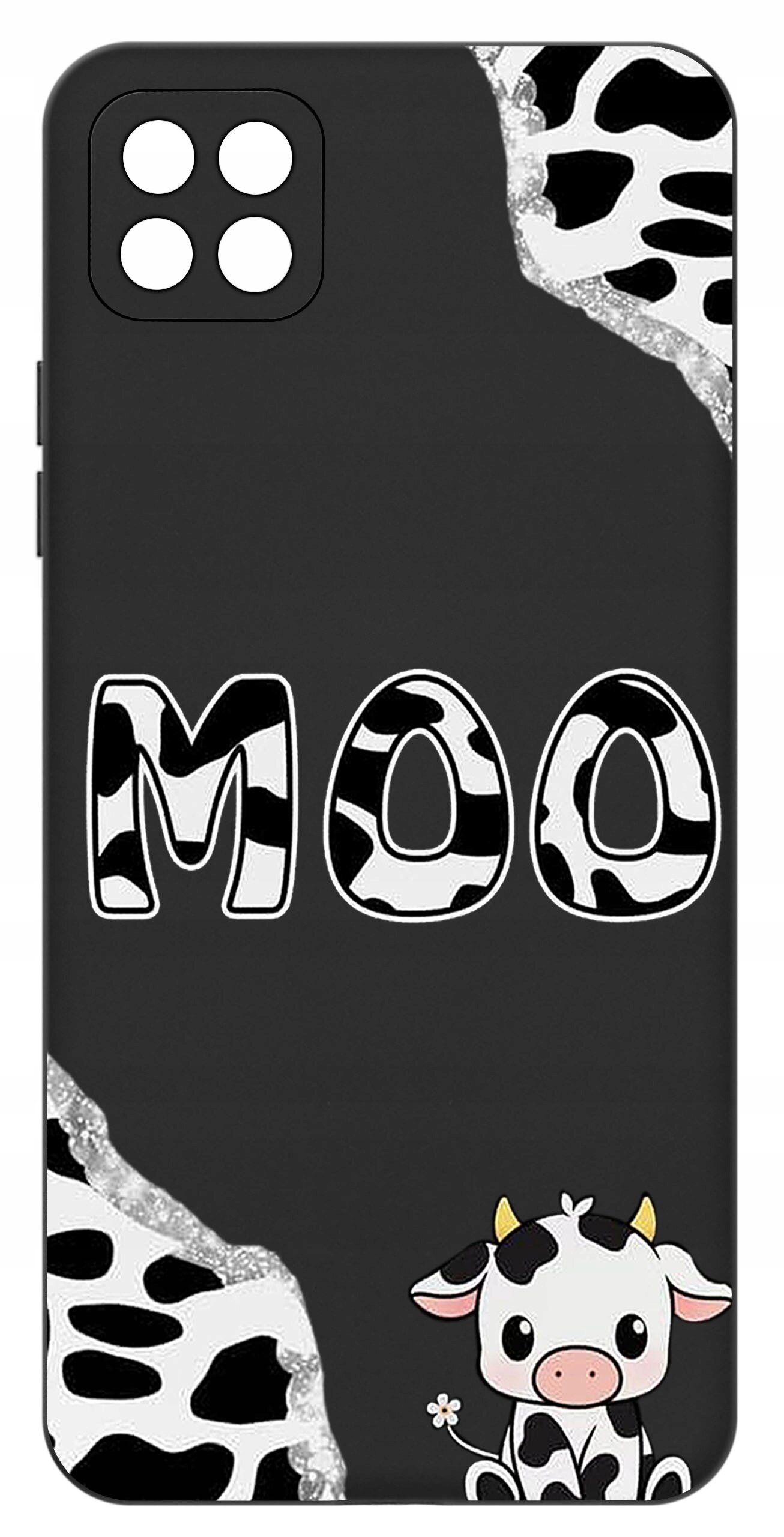 Etui na telefon z motywem krowy, z napisem \'MOO\' w czarno-białe wzory oraz rysunkiem krowy w dolnym rogu. Tło jest czarne z elementami przypominającymi wzór krowiej skóry.