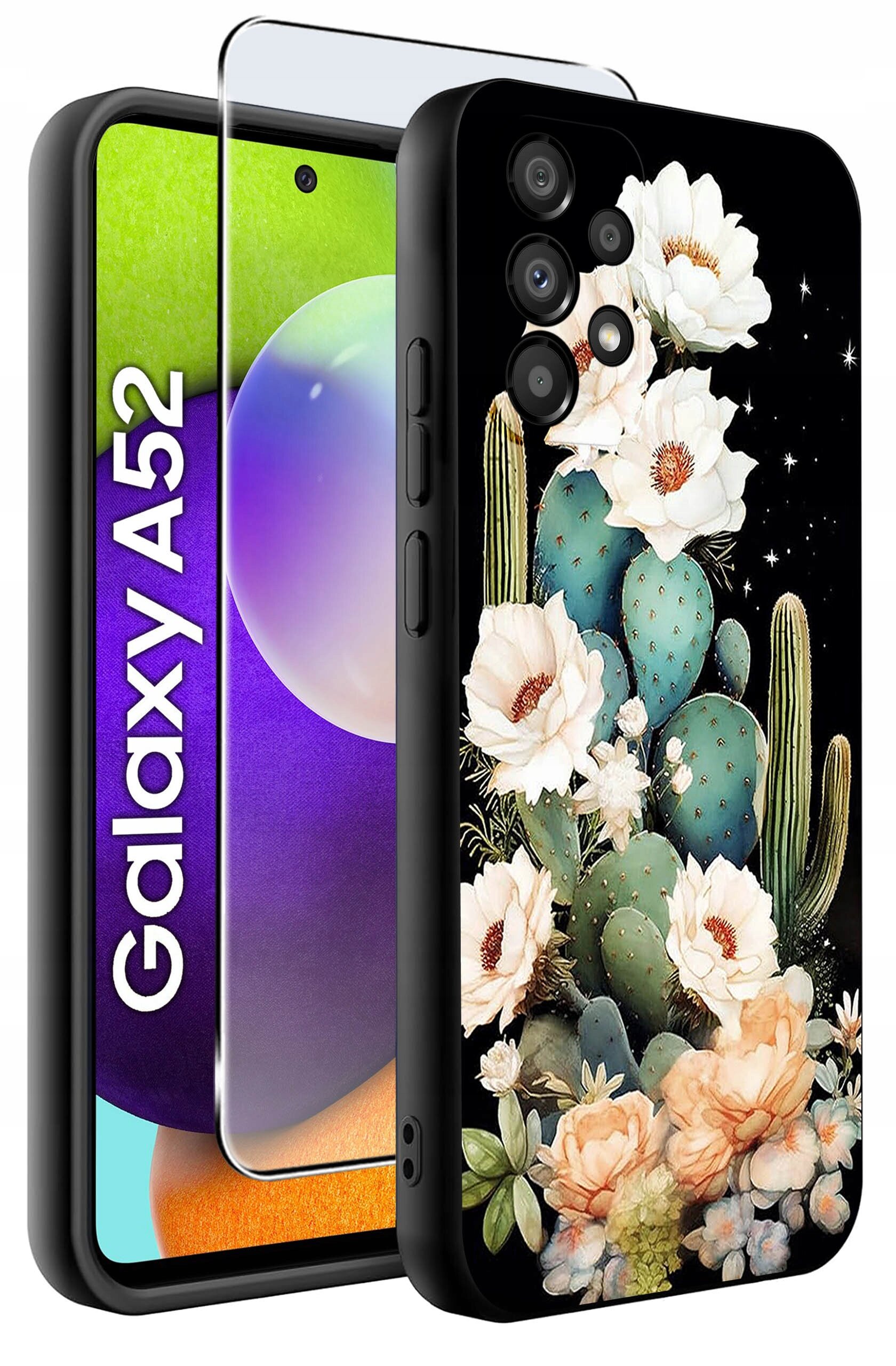 Etui na telefon z motywem kaktusów i kwiatów, obok widoczny telefon z napisem \'Galaxy A52\'.