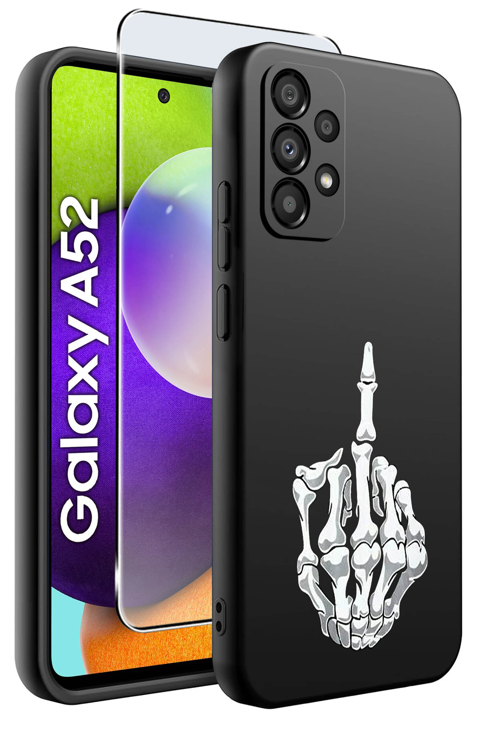 Obraz przedstawia czarne etui na telefon z nadrukiem białego szkieletu dłoni pokazującego gest. Obok etui widoczny jest telefon z napisem \'Galaxy A52\' oraz szkło ochronne.