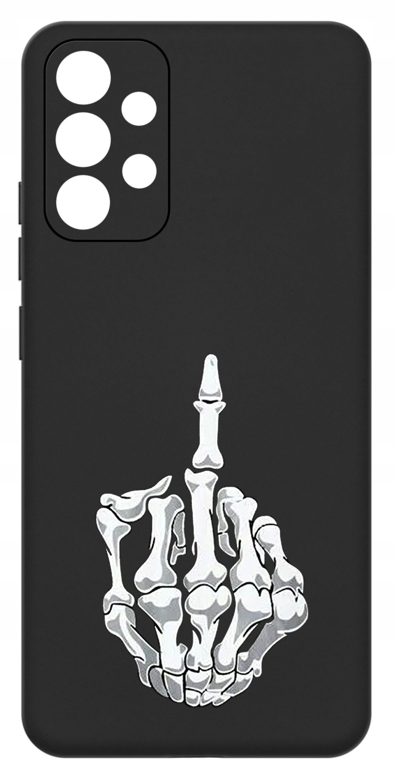 Czarne etui na telefon z nadrukiem białych kości dłoni w geście środkowego palca. Etui posiada wycięcia na aparat i przyciski.