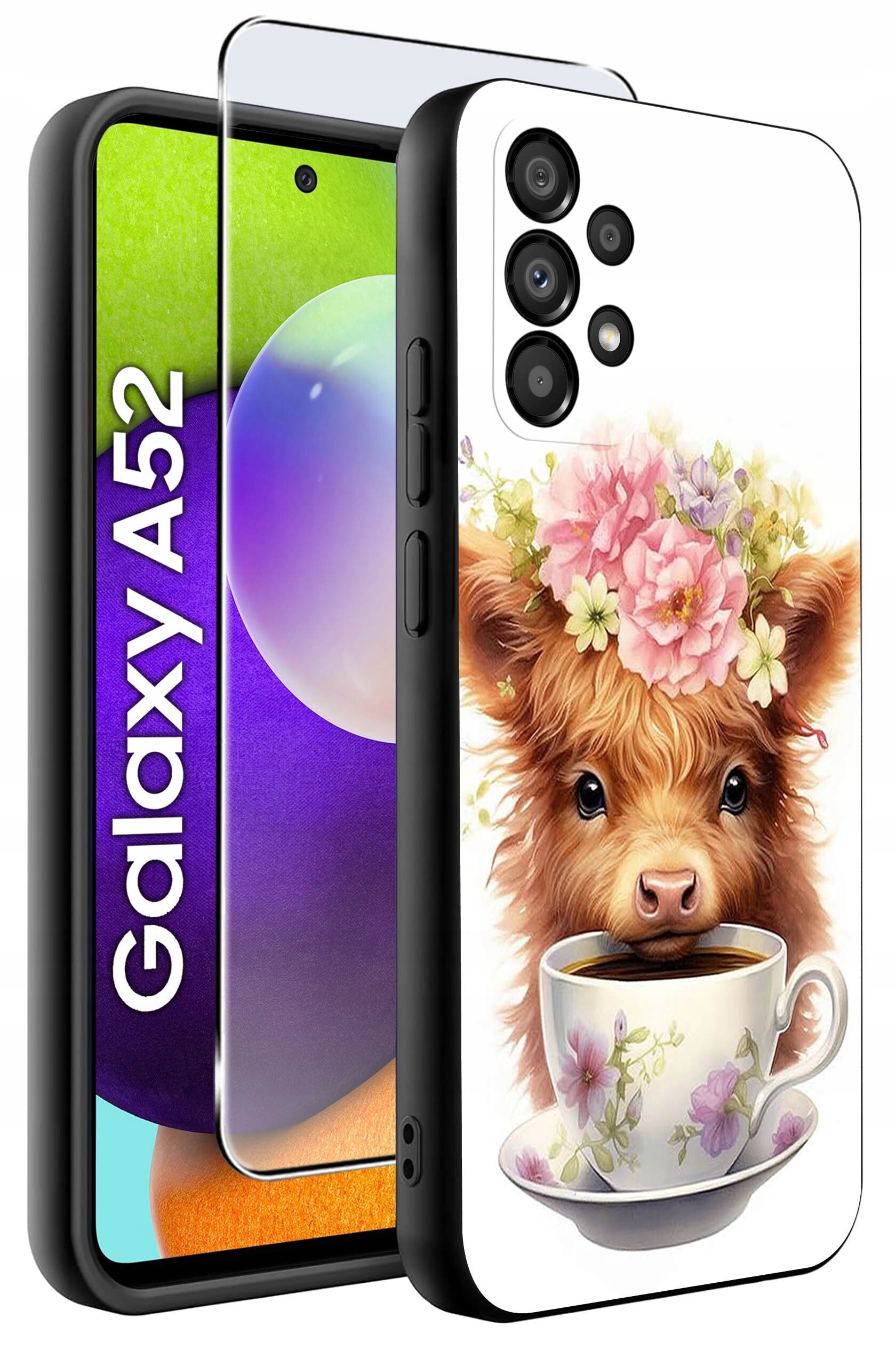 Etui na telefon z nadrukiem przedstawiającym zwierzę z kwiatami na głowie i filiżanką. Obok widoczny jest telefon z napisem \'Galaxy A52\'.