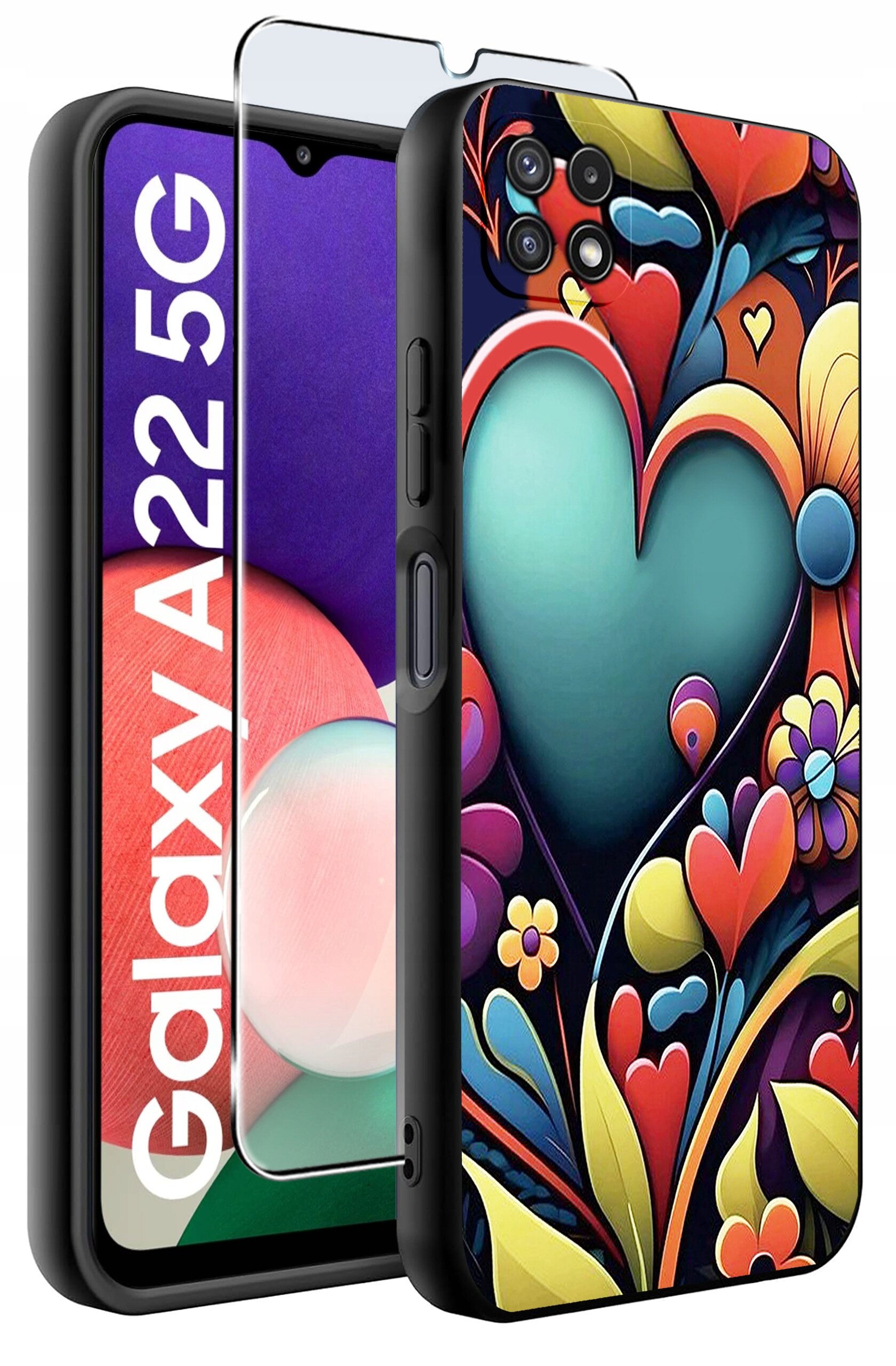 Obraz przedstawia etui na telefon z kolorowym wzorem serc i kwiatów oraz szkło ochronne. Na ekranie telefonu widoczny jest tekst \'Galaxy A22 5G\'.