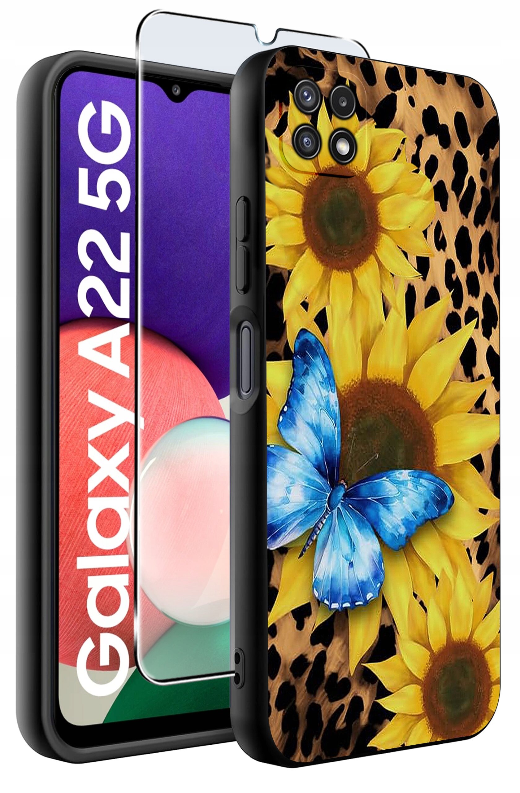 Etui na telefon z motywem słoneczników i niebieskiego motyla na tle w cętki, obok widoczny jest telefon z napisem \'Galaxy A22 5G\'.