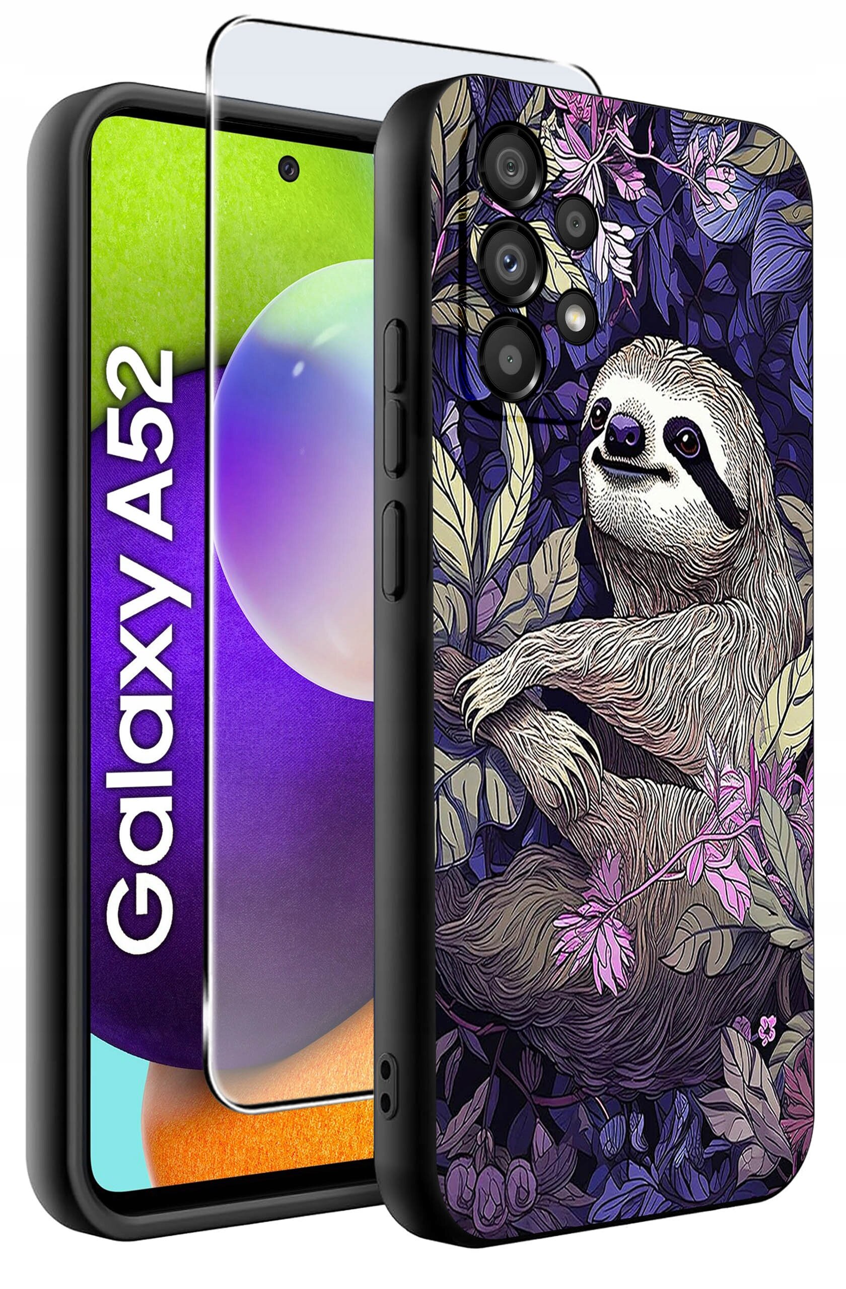 Etui na telefon z motywem leniwca wśród liści i kwiatów, obok telefonu z napisem \'Galaxy A52\'.