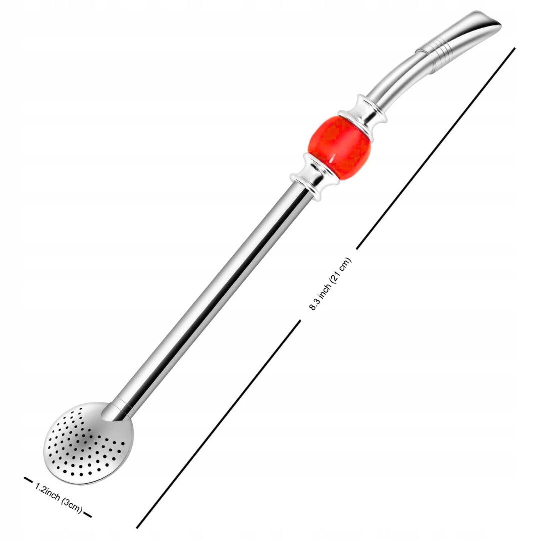Na obrazie widoczna jest metalowa bombilla z czerwonym kamieniem, o długości 21 cm. Obok bombilli znajdują się wymiary: 8.3 inch (21 cm) oraz 1.2 inch (3 cm).