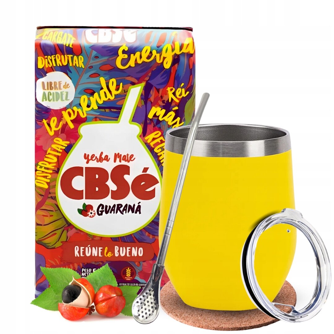 Opakowanie Yerba Mate CBSe Guaraná z kolorową grafiką i napisami, obok żółty kubek termiczny z metalową bombillą i przezroczystą pokrywką. Na opakowaniu widoczne są napisy: \'CBSe\', \'Guaraná\', \'Libre de Acidez\', \'Reúne lo Bueno\'.