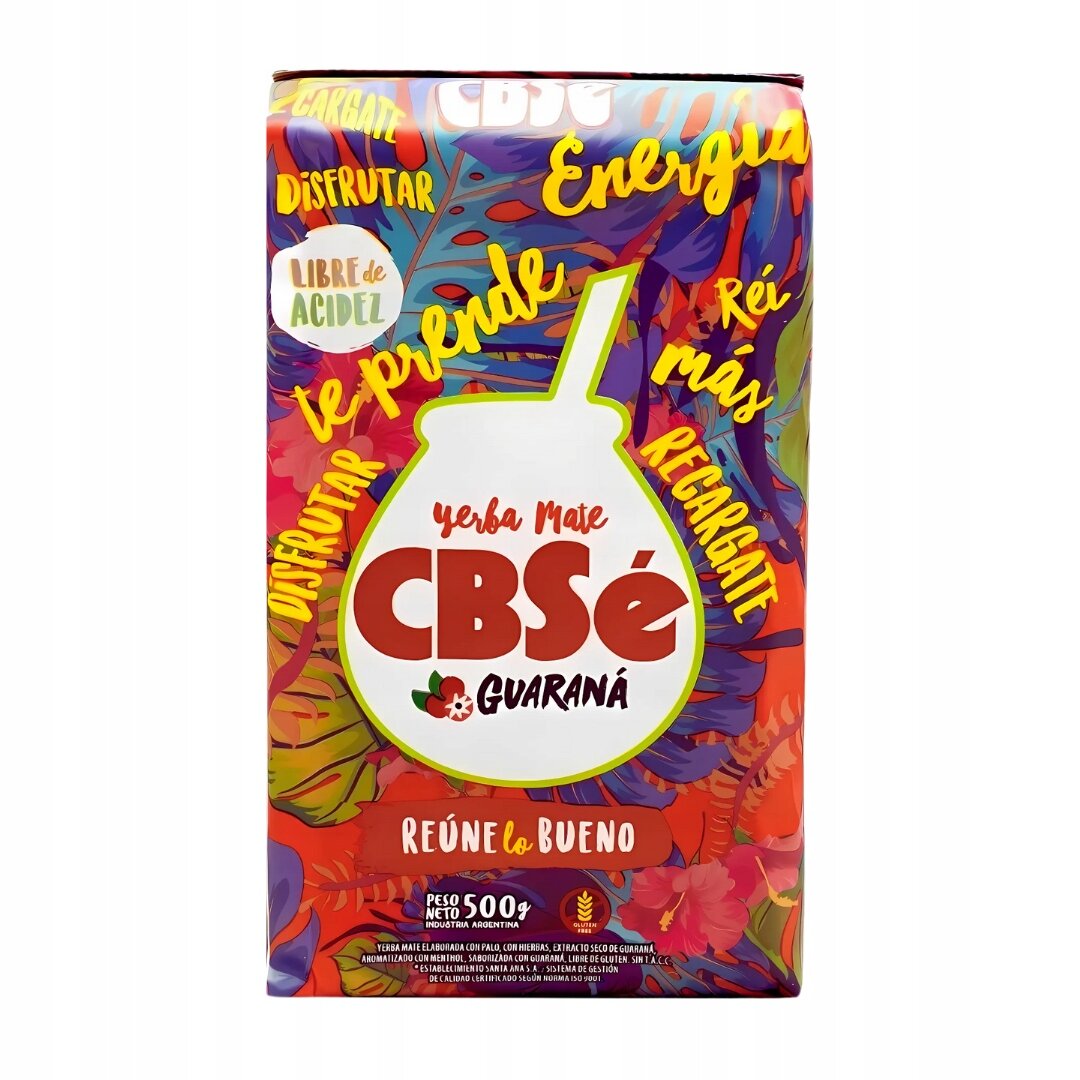 Opakowanie Yerba Mate CBSe Guaraná z kolorowym, tropikalnym wzorem i napisami: \'Energía\', \'Disfrutar\', \'Libre de Acidez\', \'Reúne lo Bueno\'. W centralnej części widnieje duży napis \'CBSe Guaraná\'.
