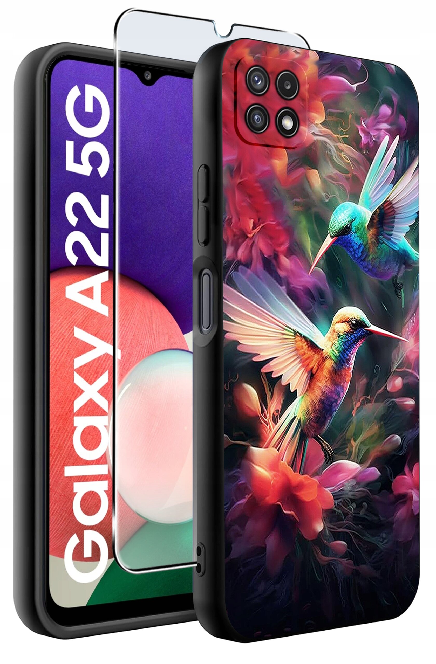 Etui na telefon z kolorowym wzorem przedstawiającym kolibry wśród kwiatów, obok znajduje się szkło ochronne. Na ekranie telefonu widoczny jest napis \'Galaxy A22 5G\'.
