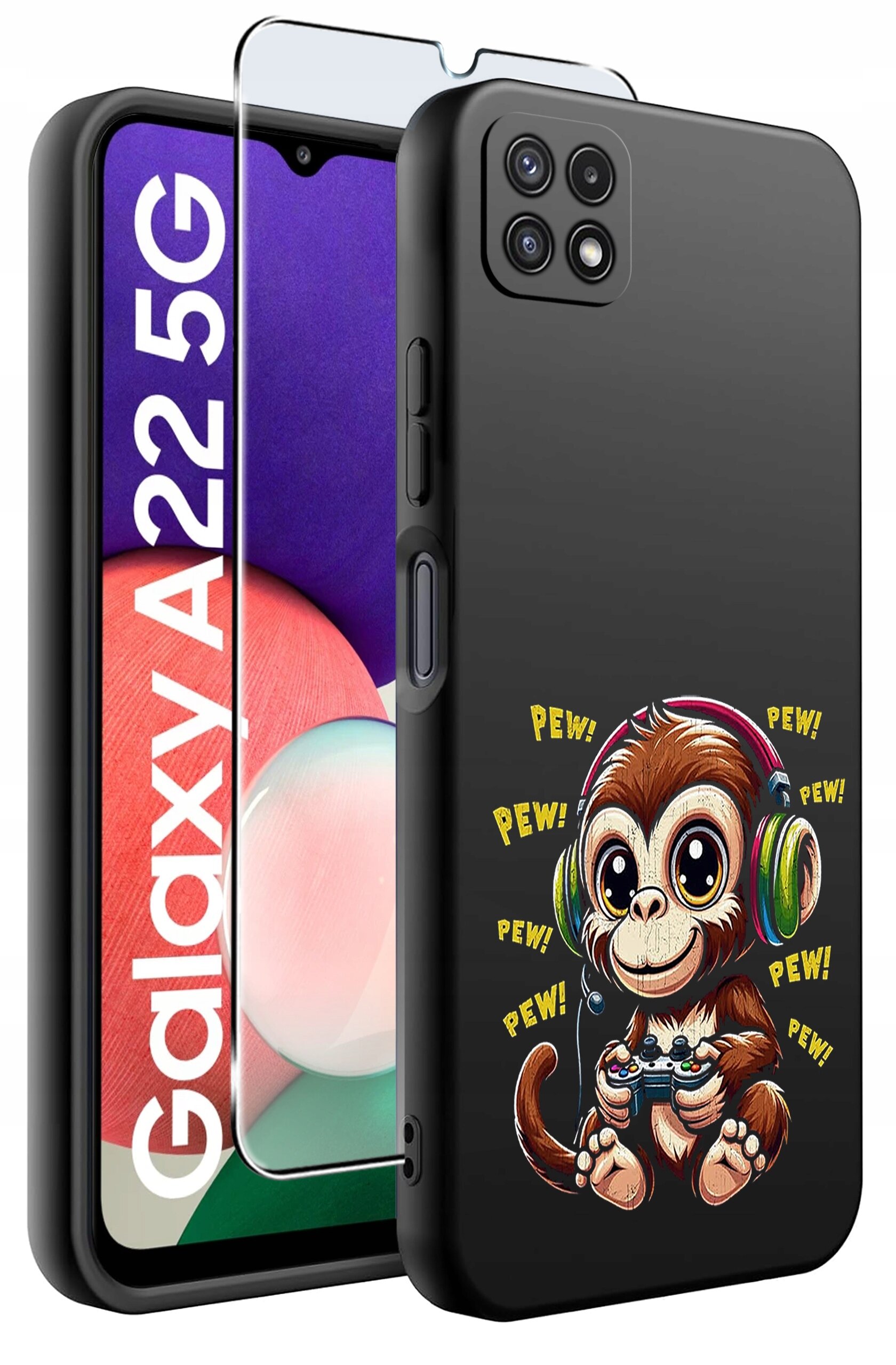 Na obrazie widoczne jest czarne etui na telefon z kolorowym rysunkiem małpki w słuchawkach, trzymającej kontroler do gier, oraz napisami \'PEW!\'. Obok etui znajduje się telefon z widocznym napisem \'Galaxy A22 5G\' oraz szkło ochronne.