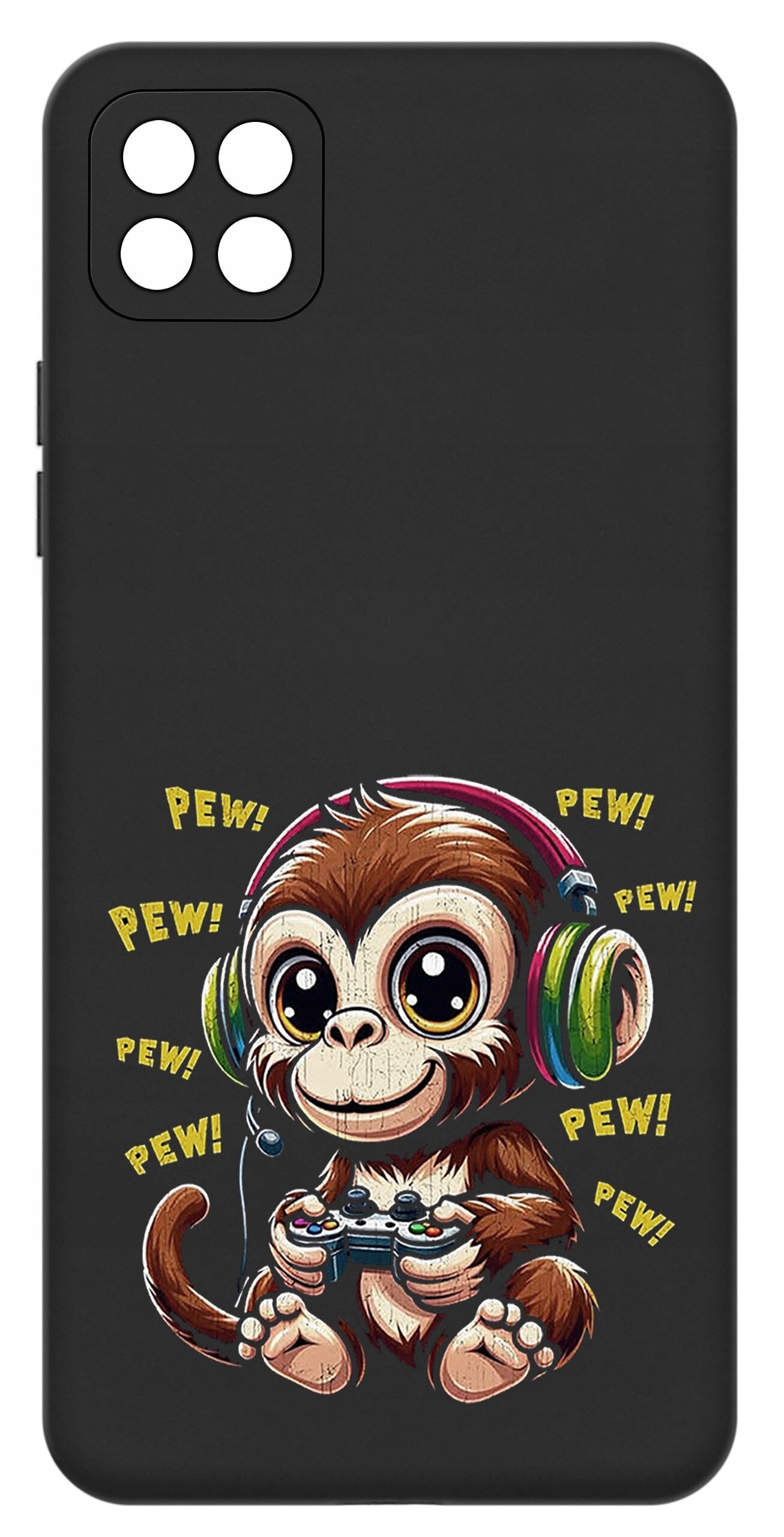 Czarne etui z nadrukiem małpki w słuchawkach trzymającej kontroler do gier, otoczonej napisami \'PEW!\'.