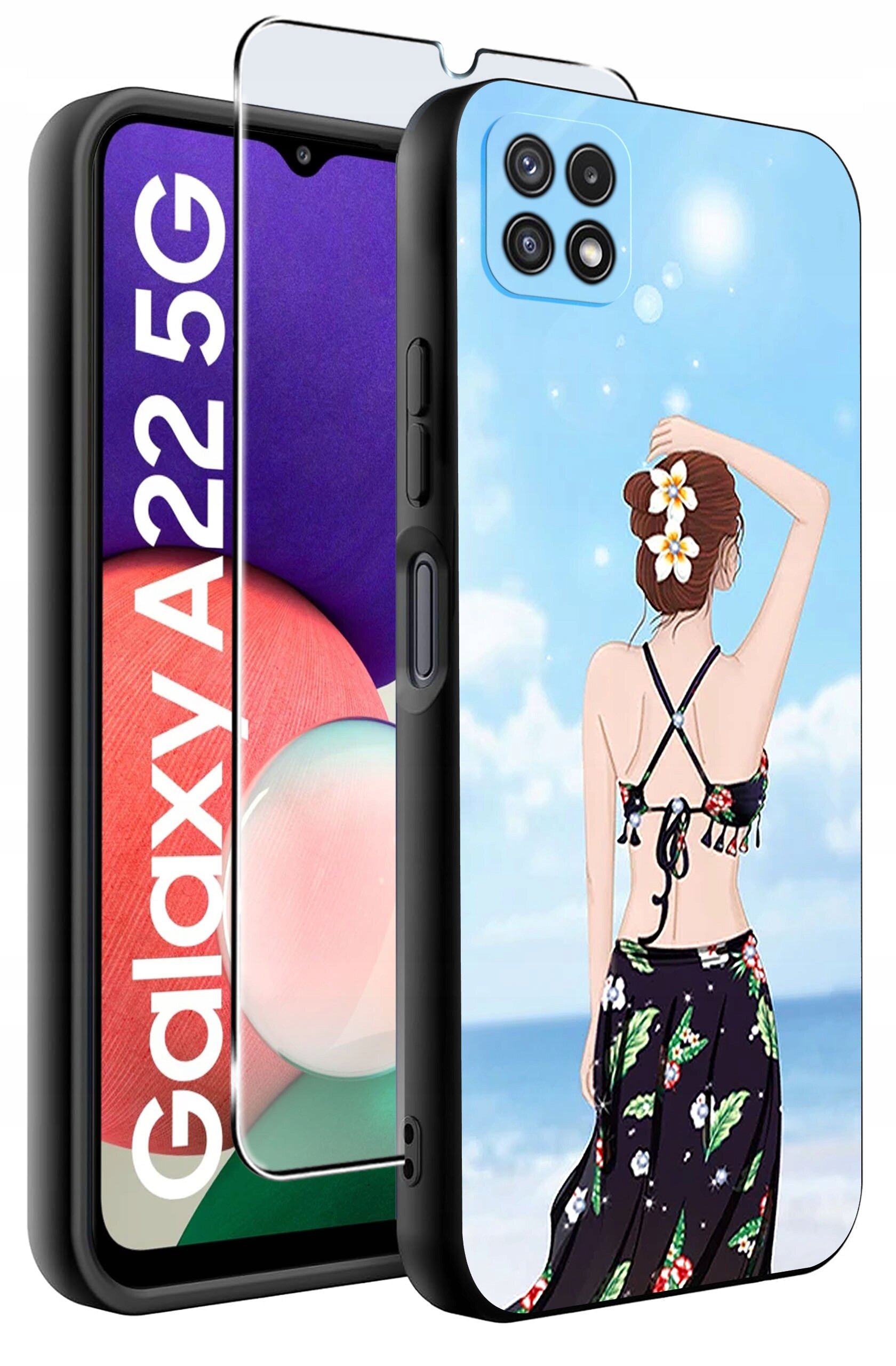 Obraz przedstawia etui na telefon z grafiką kobiety na plaży oraz szkło ochronne. Na ekranie telefonu widoczny jest tekst \'Galaxy A22 5G\'.