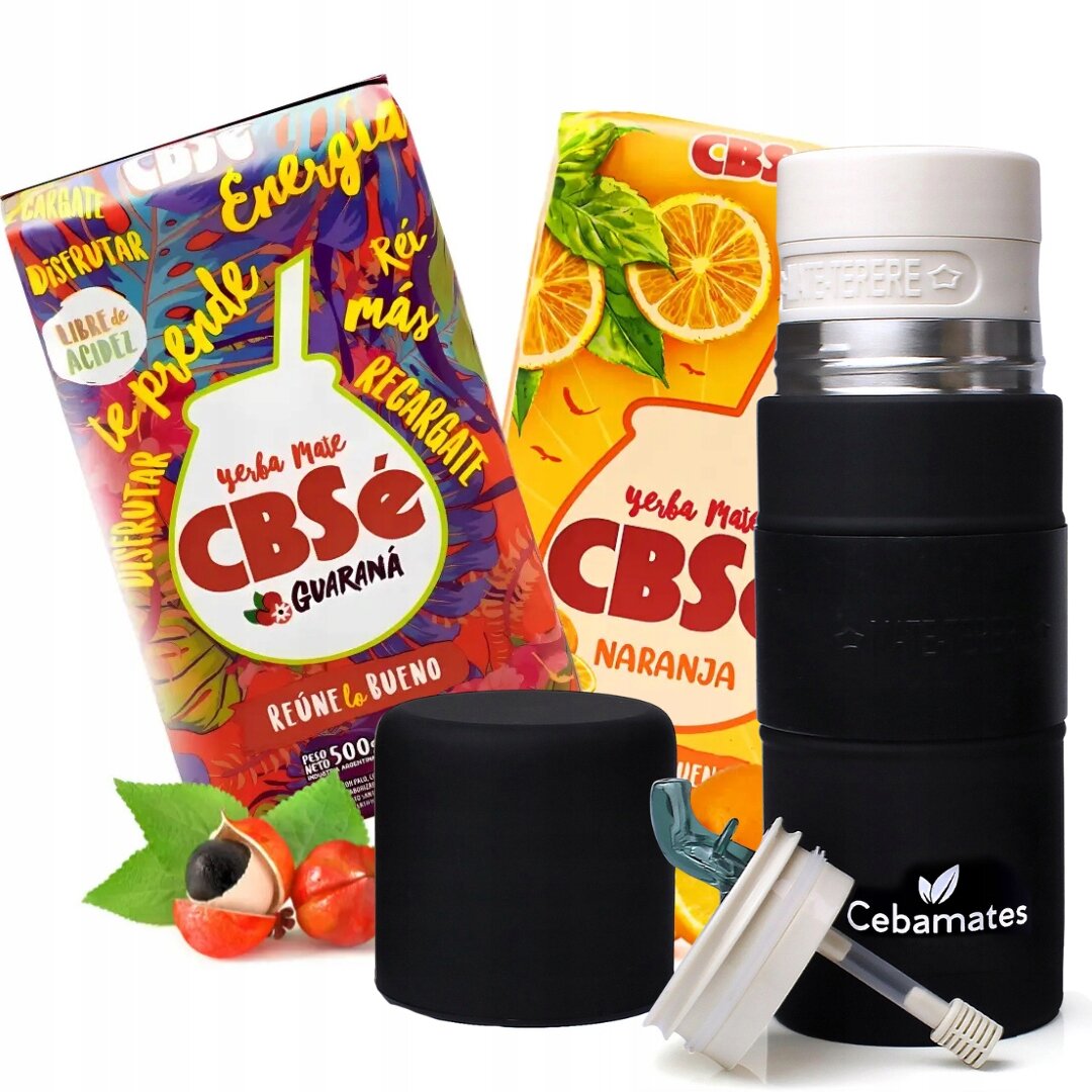 Na obrazie widoczne są dwa opakowania yerba mate CBSe, jedno o smaku guaraná, a drugie pomarańczowym, oraz czarny termos z logo \'Cebamates\'. Obok termosu znajduje się bombilla i czarny pokrowiec.