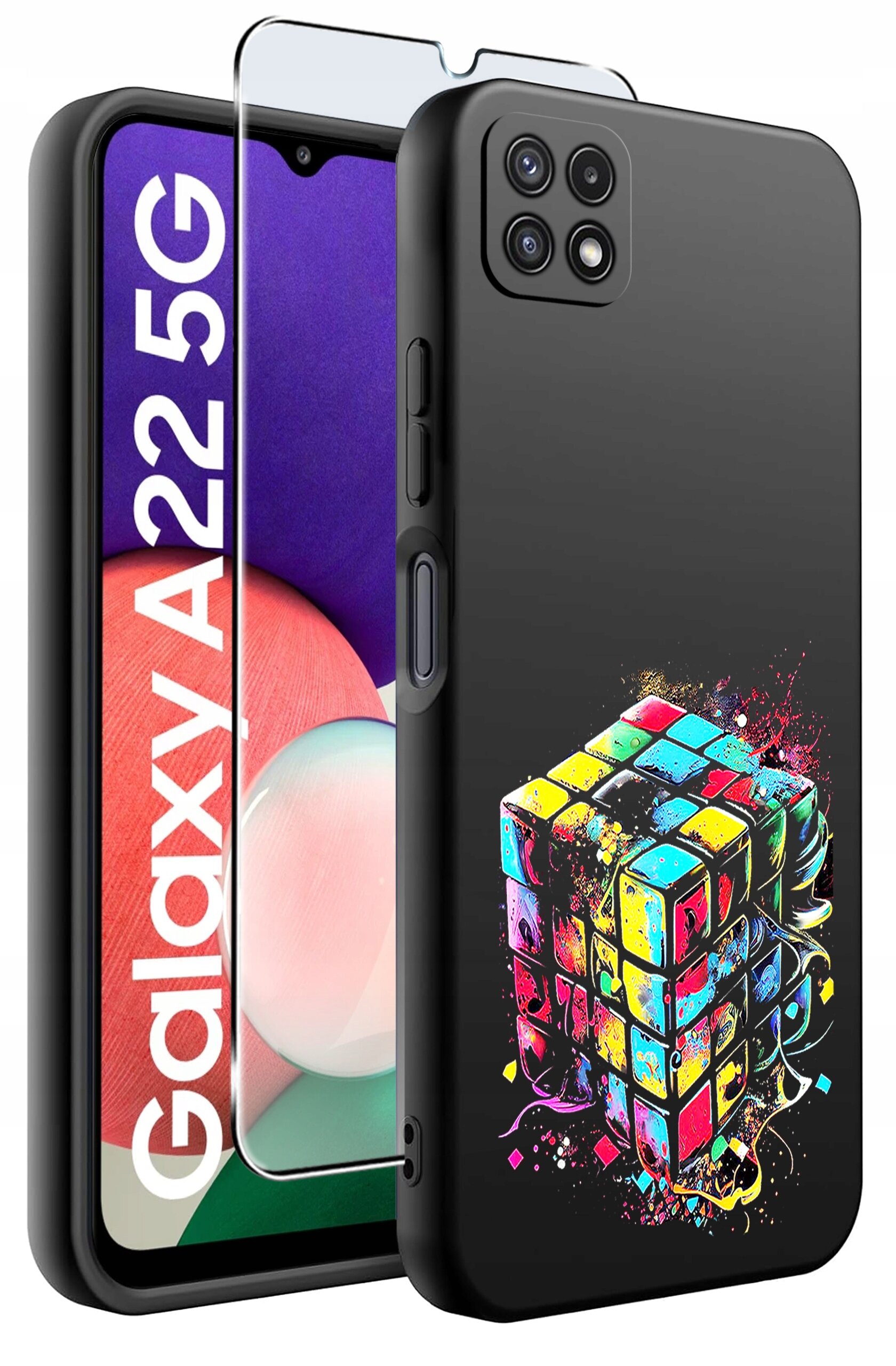 Obraz przedstawia czarne etui na telefon z kolorowym wzorem przypominającym kostkę Rubika oraz szkło ochronne. Na ekranie telefonu widoczny jest napis \'Galaxy A22 5G\'.