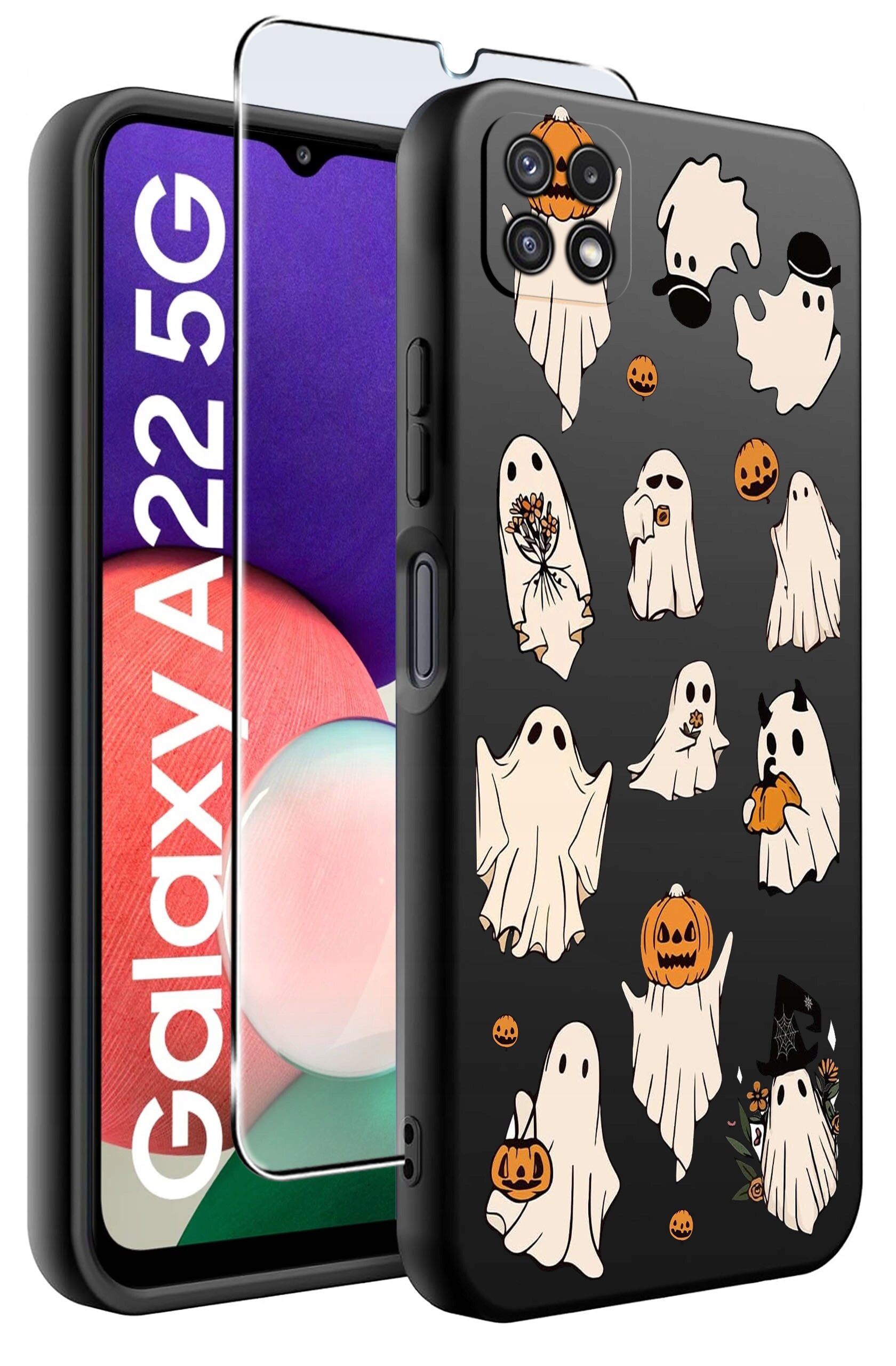 Obraz przedstawia etui na telefon z motywem duchów i dyni oraz szkło ochronne. Na ekranie telefonu widoczny jest napis \'Galaxy A22 5G\'.