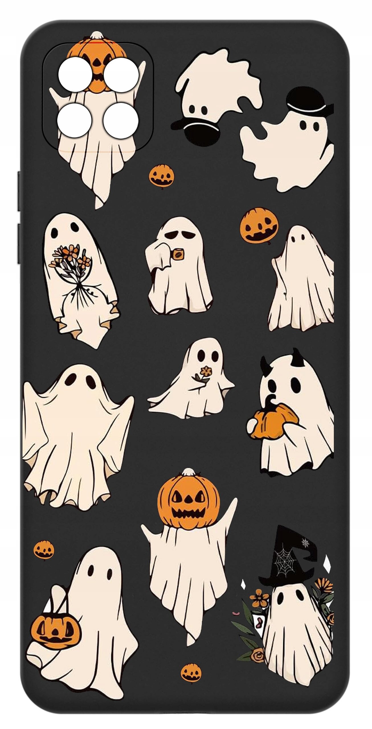 Etui na telefon z czarnym tłem ozdobione wzorami duchów i dyni w stylu Halloween. Duchy mają różne akcesoria, takie jak kapelusze i dynie, a niektóre trzymają bukiety kwiatów.