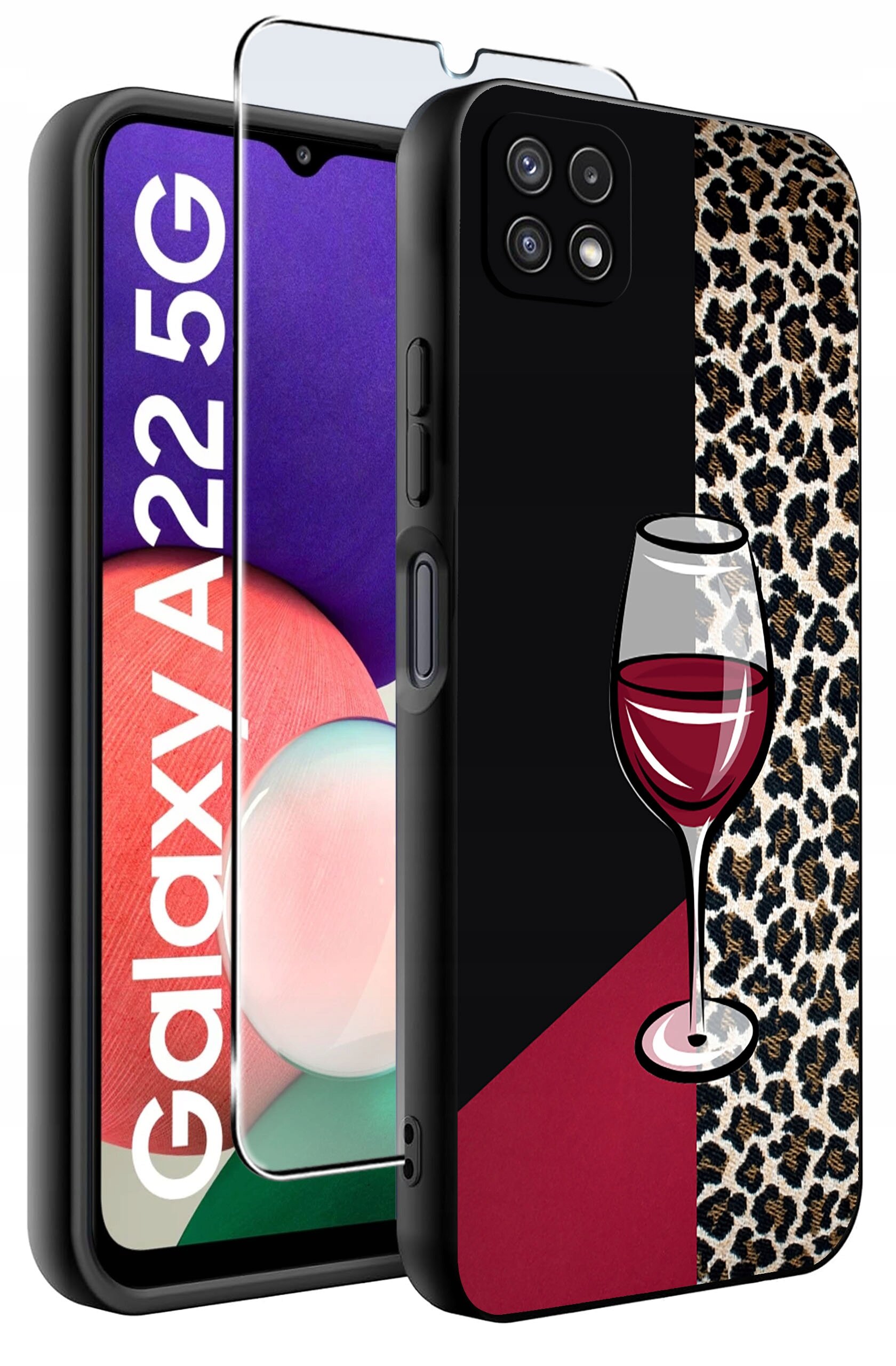 Etui na telefon z motywem kieliszka wina i wzorem w cętki, obok szkło ochronne. Na ekranie telefonu widoczny napis \'Galaxy A22 5G\'.