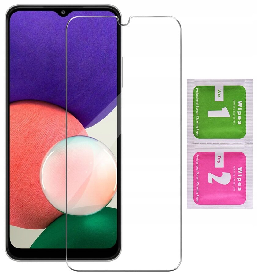 Obraz przedstawia telefon z nałożonym szkłem ochronnym oraz dwa opakowania chusteczek do czyszczenia ekranu oznaczone jako \'1 Wet\' i \'2 Dry\'.