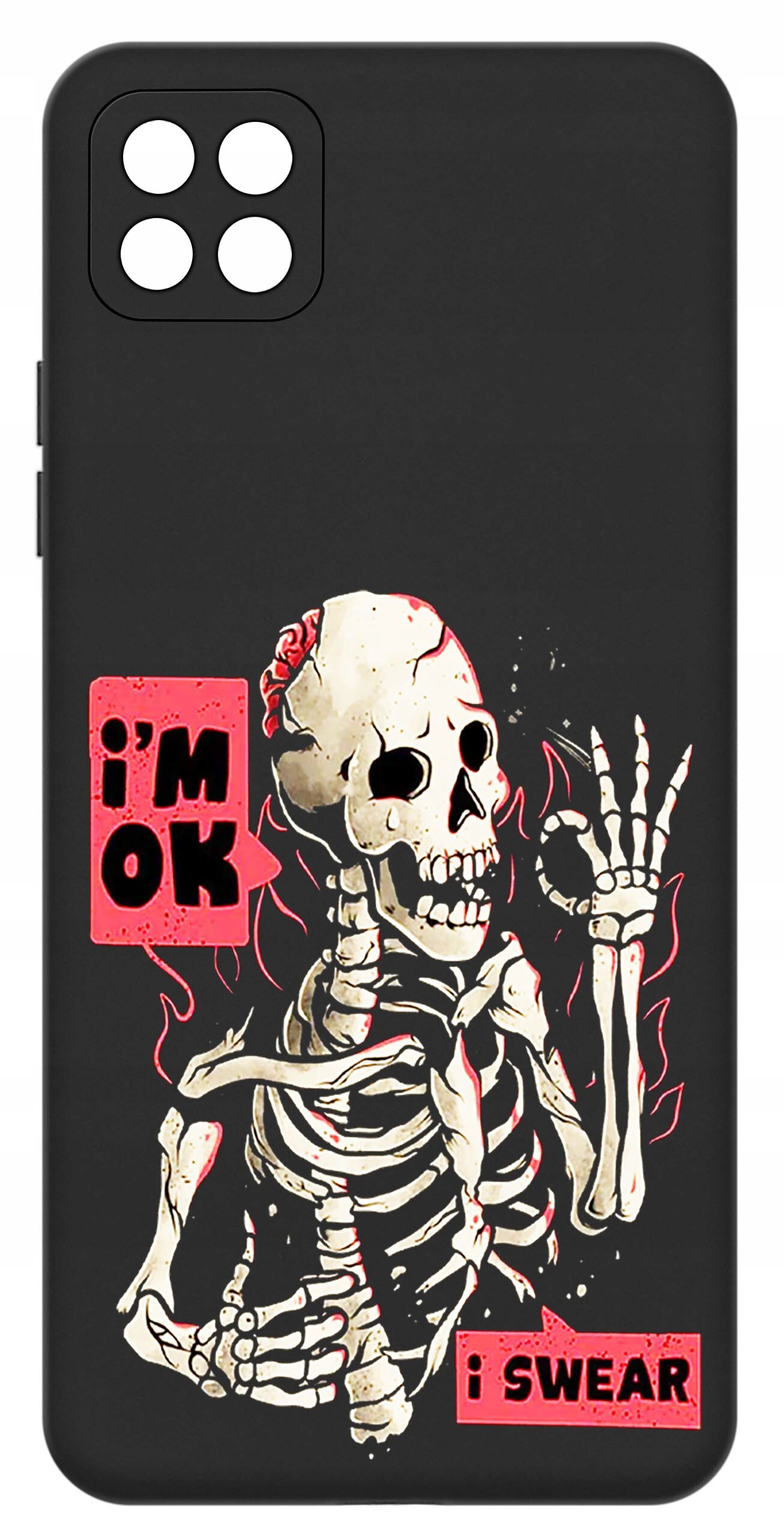Czarne etui z nadrukiem szkieletu w pozycji gestu OK, z tekstem \'i\'m OK\' i \'i SWEAR\' na czerwonych prostokątach.
