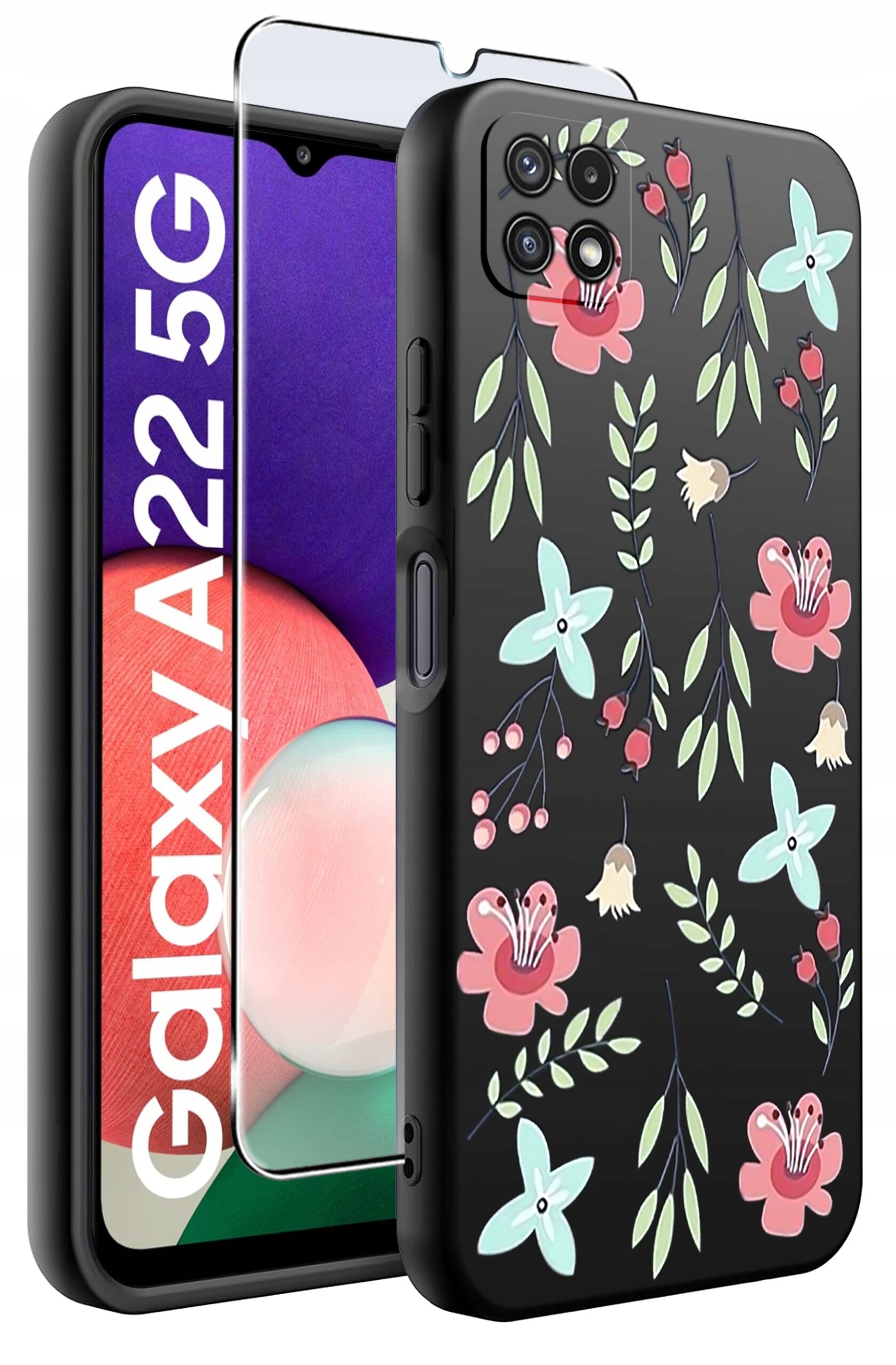 Obraz przedstawia czarne etui na telefon z kolorowymi kwiatowymi wzorami oraz szkło ochronne. Na ekranie telefonu widoczny jest napis \'Galaxy A22 5G\'.