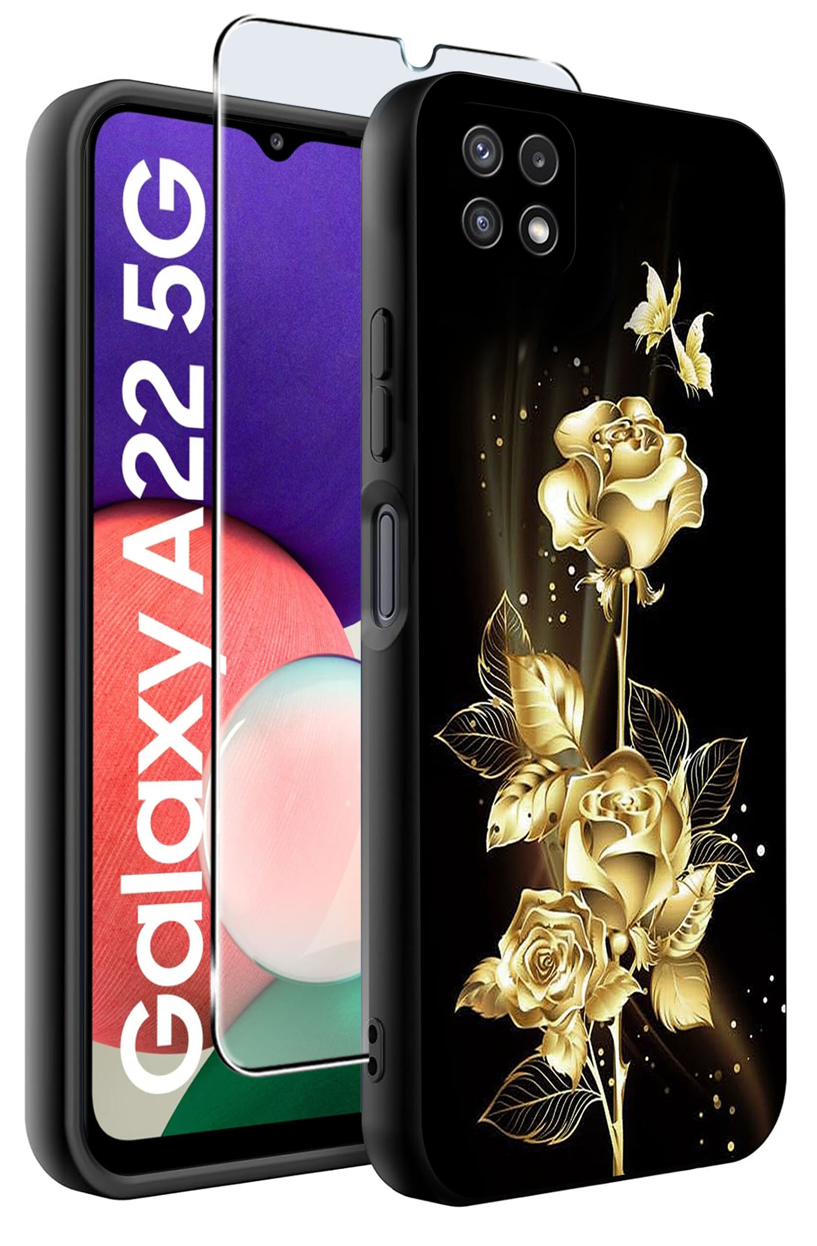 Obraz przedstawia etui na telefon z motywem złotych róż i motyli na czarnym tle. Obok widoczny jest napis \'Galaxy A22 5G\' oraz szkło ochronne na ekran.