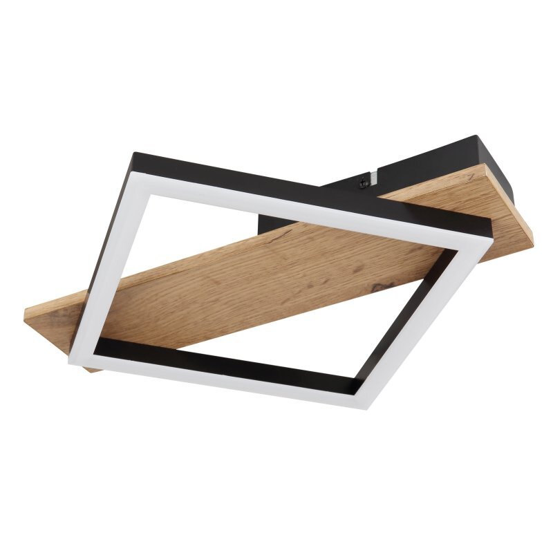 Lampa sufitowa LED z czarną matową ramą i elementem z ciemnego drewna, w kształcie prostokąta. Lampa ma nowoczesny design i jest przeznaczona do montażu na suficie.